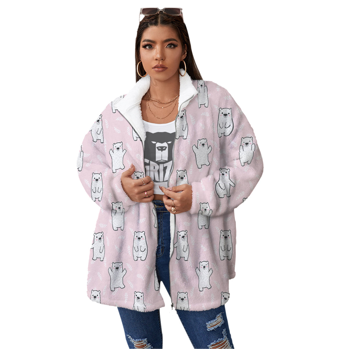 Baby Polar Bear White Print Pattern Women's Sherpa Jacket-grizzshop