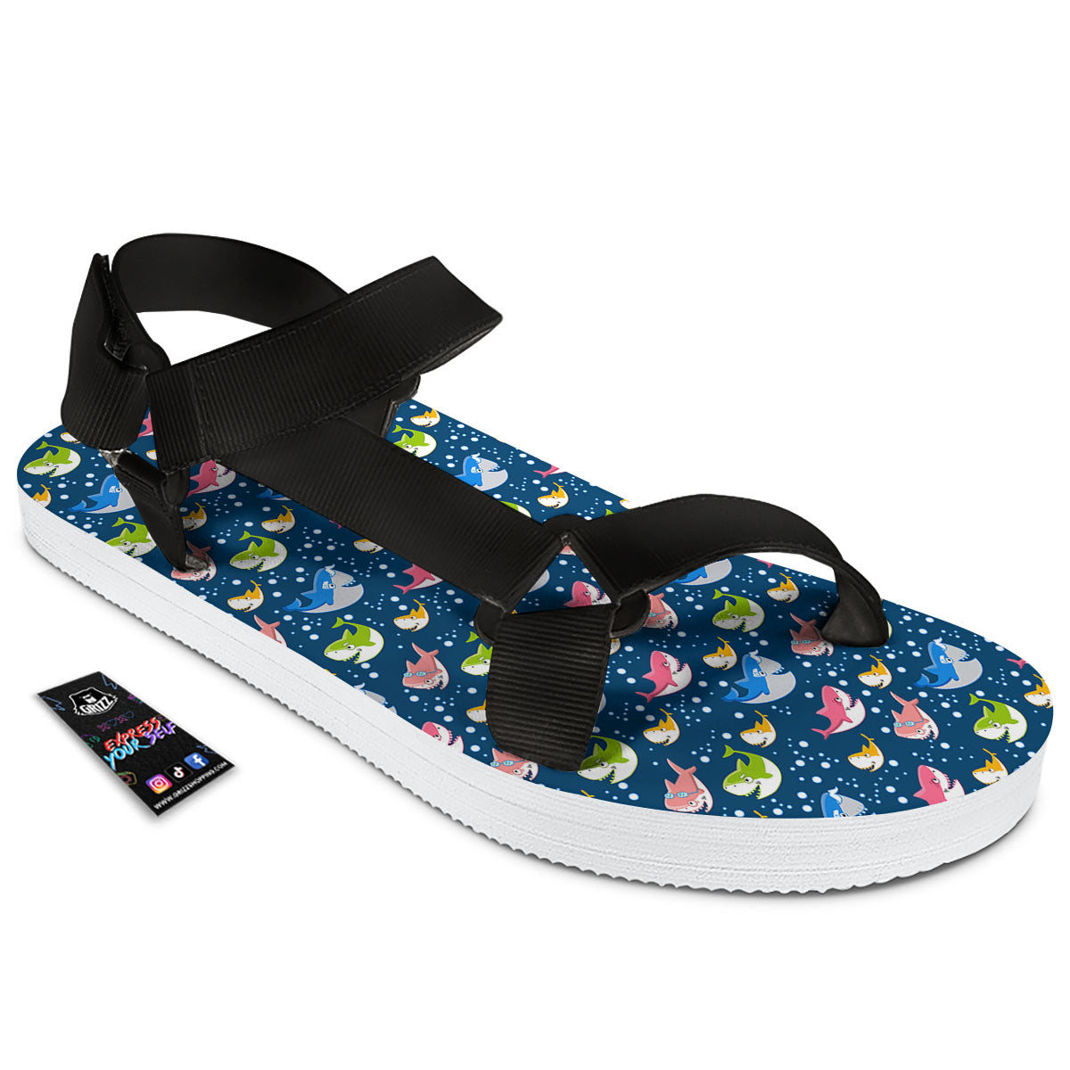 Baby Sharks Colorful Print Pattern Black Open Toe Sandals-grizzshop