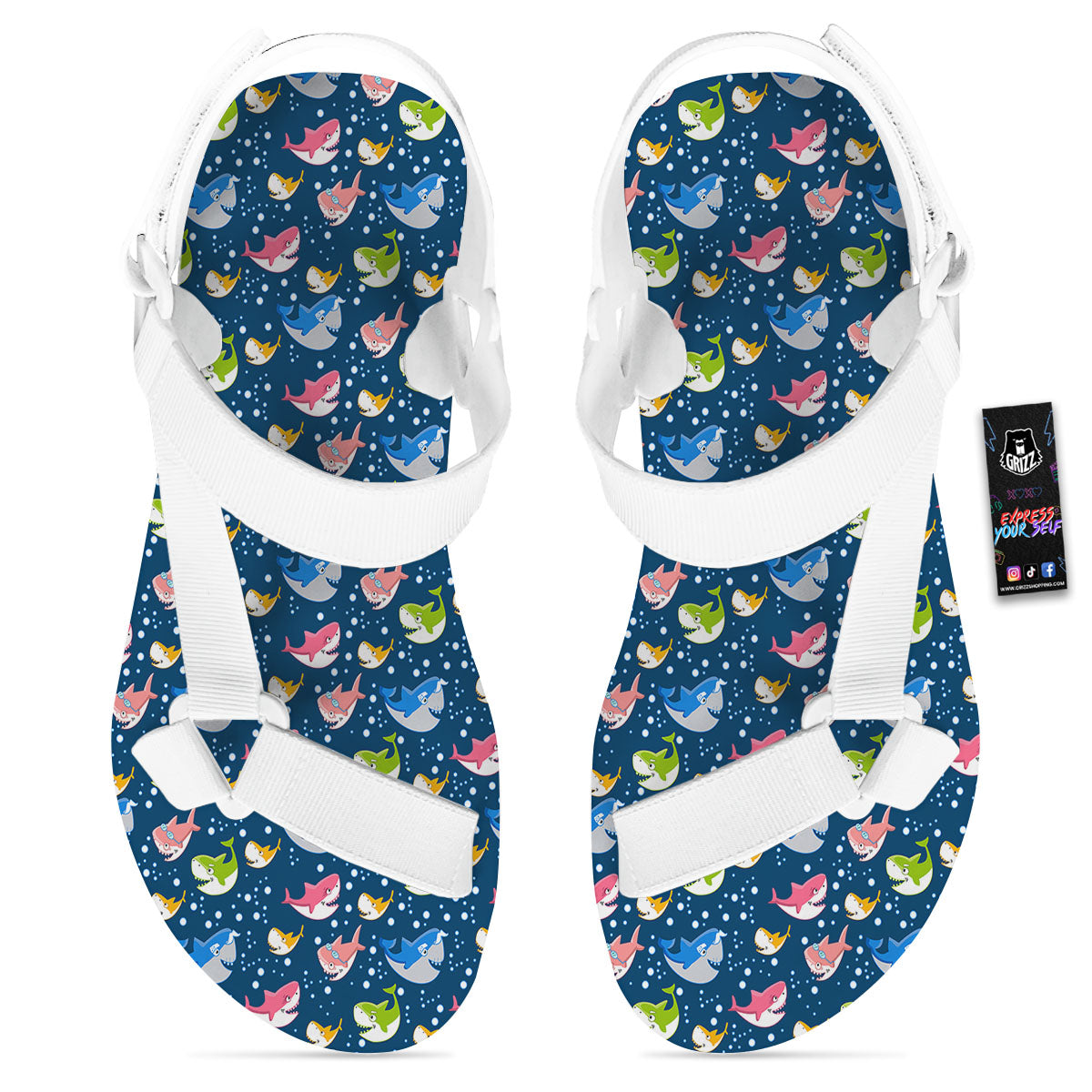 Baby Sharks Colorful Print Pattern White Open Toe Sandals-grizzshop