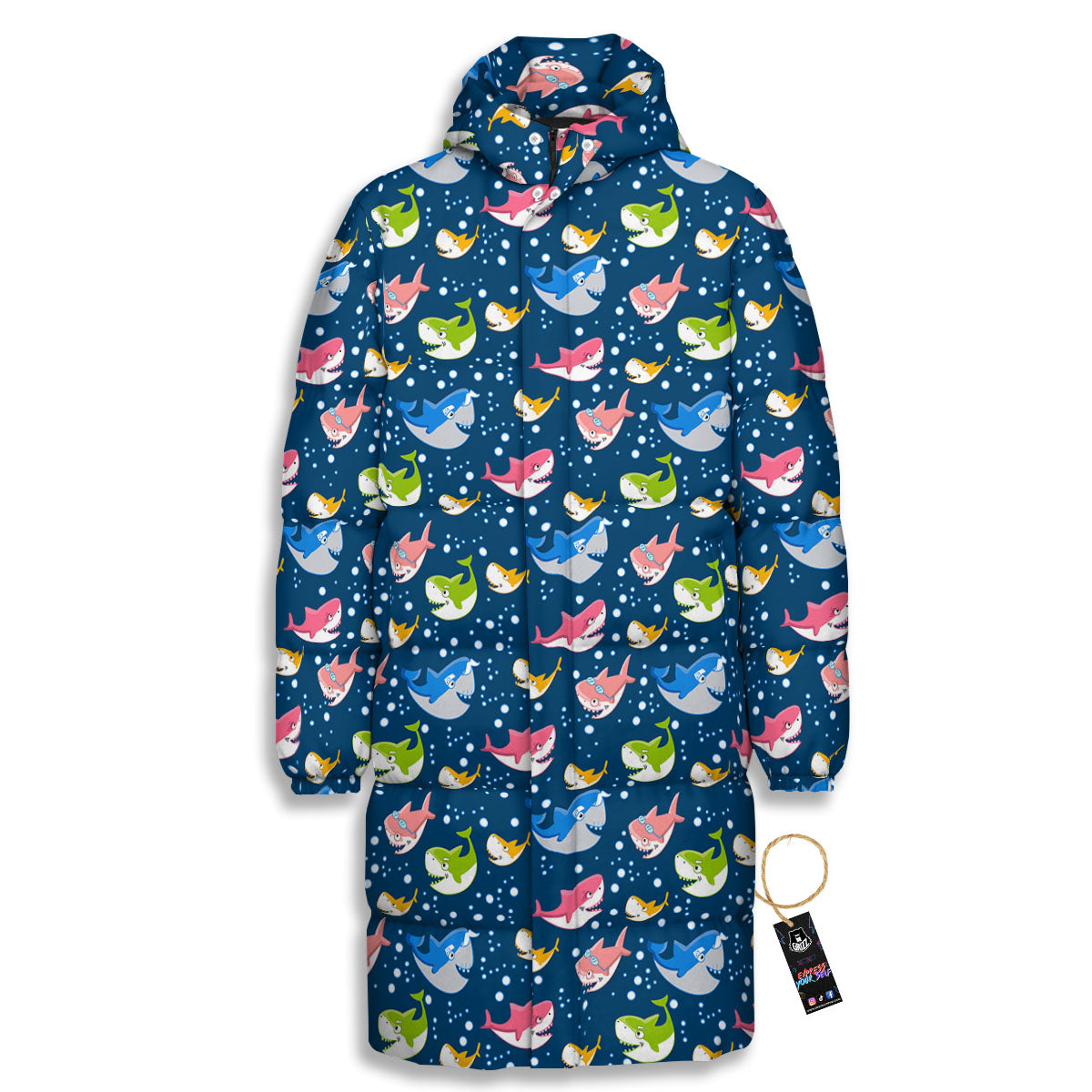 Baby Sharks Colorful Print Pattern Long Down Jacket