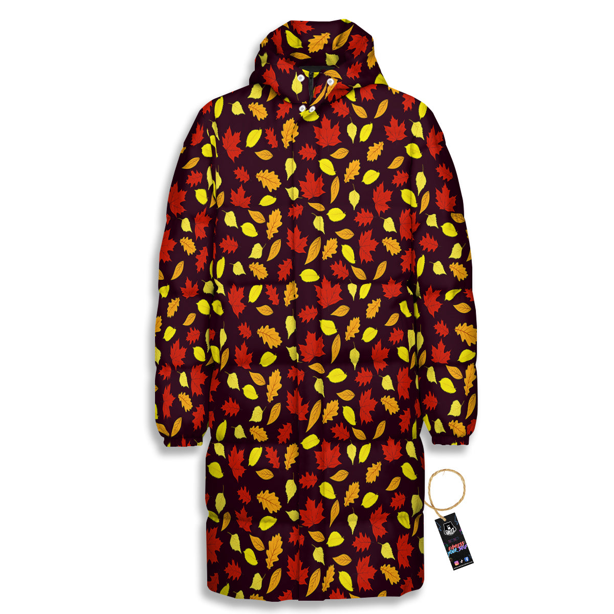 Back And Elm Maple Leave Print Pattern Long Down Jacket-grizzshop