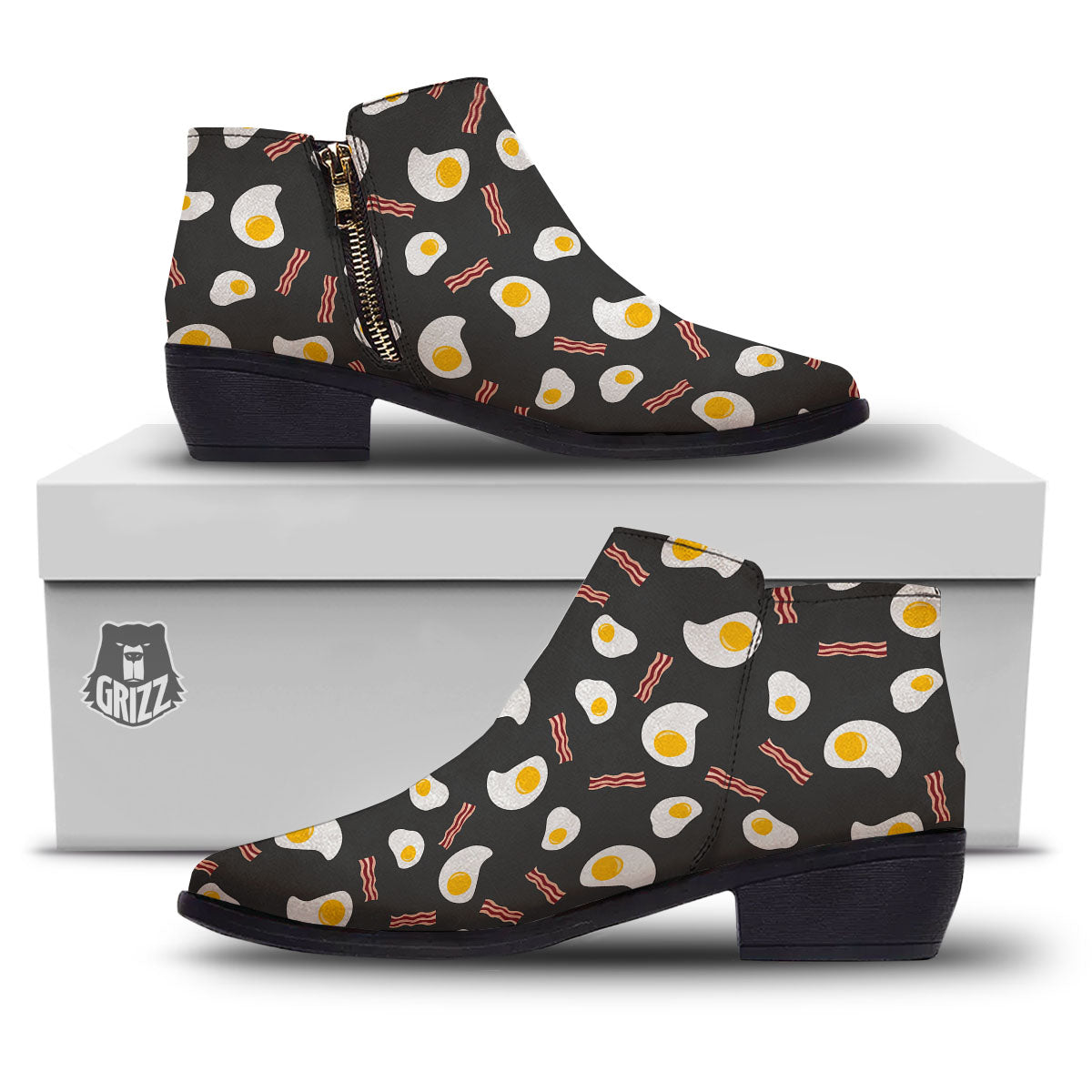 Bacon And Black Fried Egg Print Pattern Ankle Boots-grizzshop