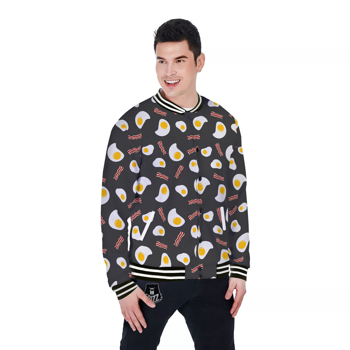 Bacon And Black Fried Egg Print Pattern Baseball Jacket-grizzshop
