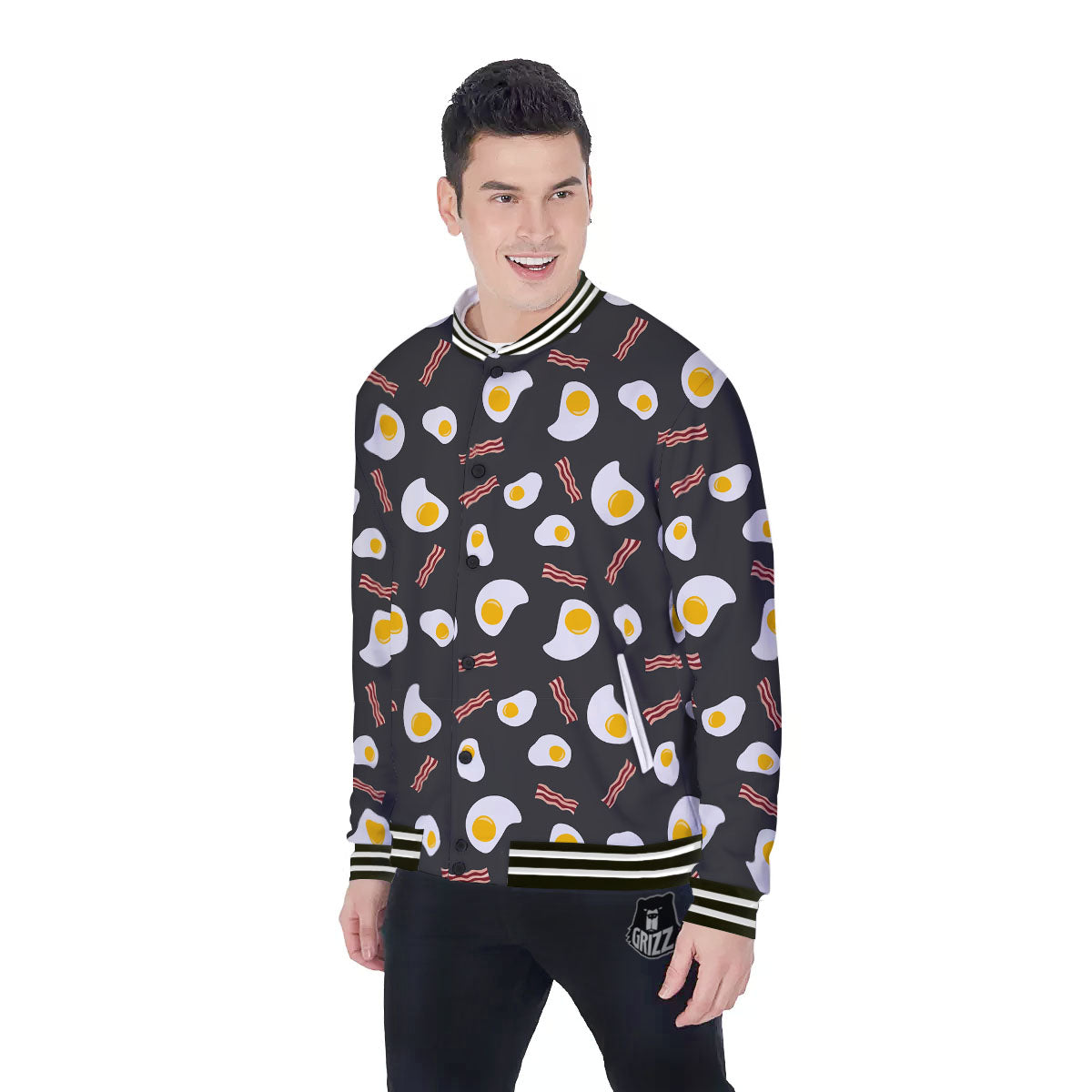 Bacon And Black Fried Egg Print Pattern Baseball Jacket-grizzshop
