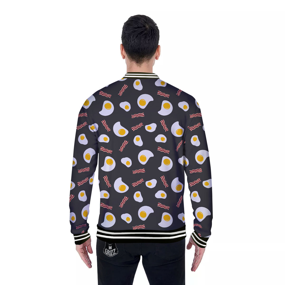 Bacon And Black Fried Egg Print Pattern Baseball Jacket-grizzshop