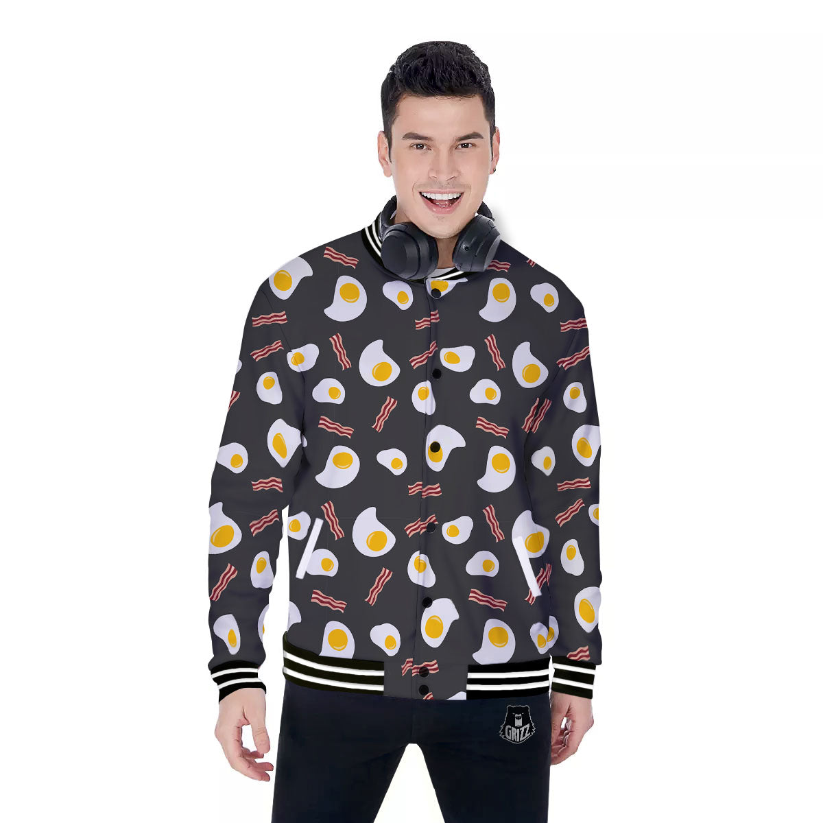 Bacon And Black Fried Egg Print Pattern Baseball Jacket-grizzshop