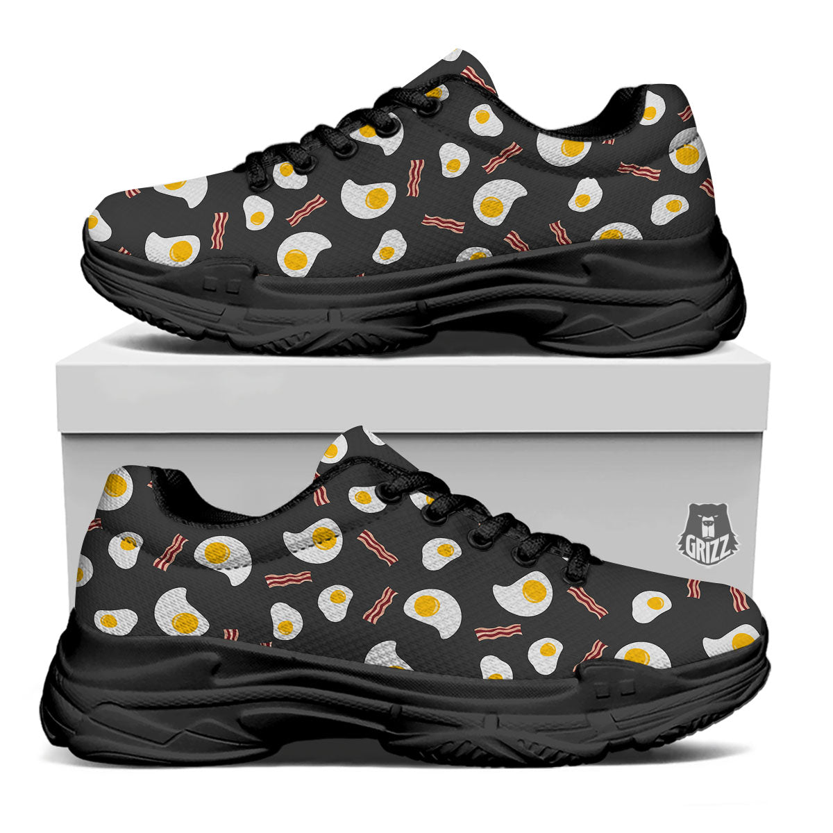 Bacon And Black Fried Egg Print Pattern Black Chunky Shoes-grizzshop