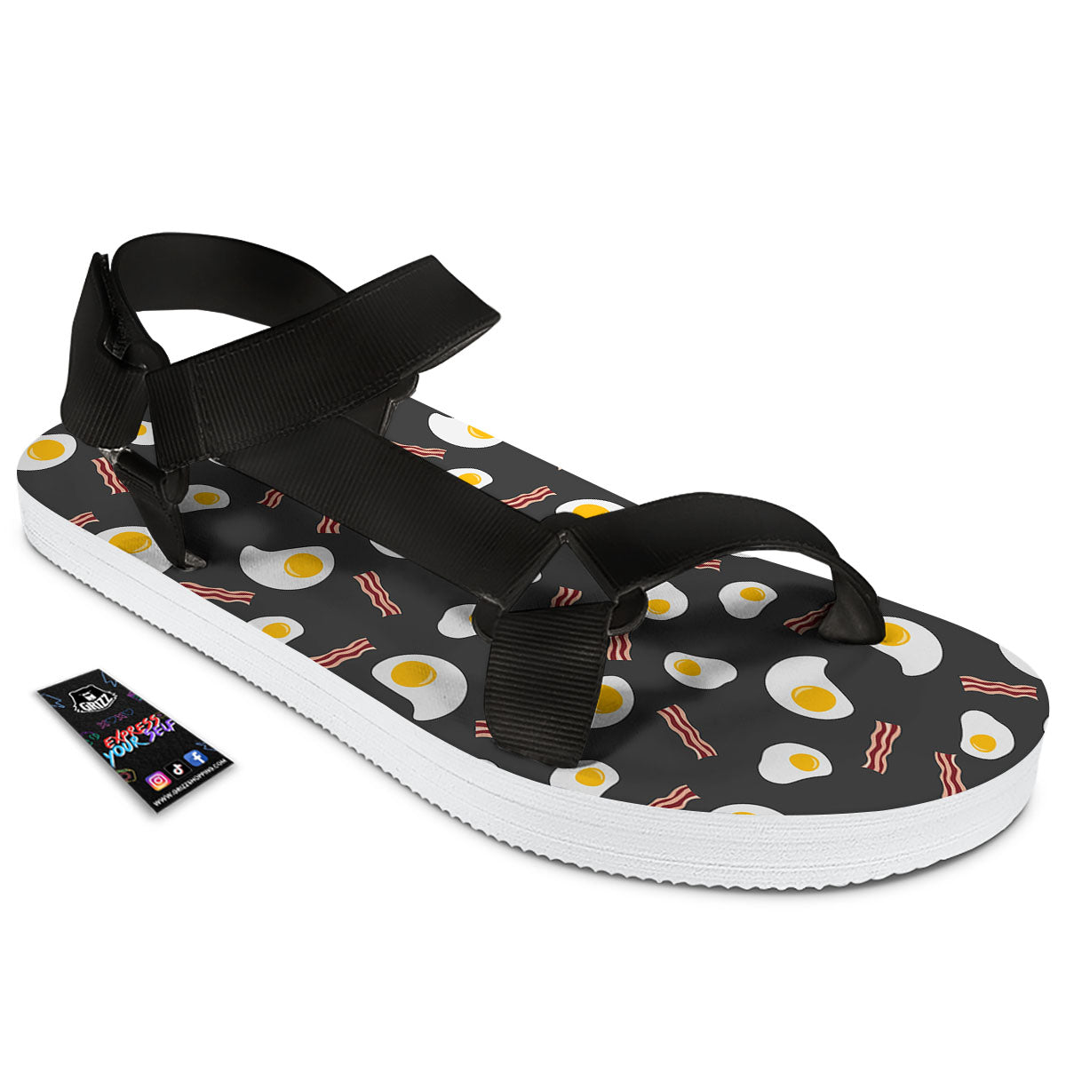 Bacon And Black Fried Egg Print Pattern Black Open Toe Sandals-grizzshop