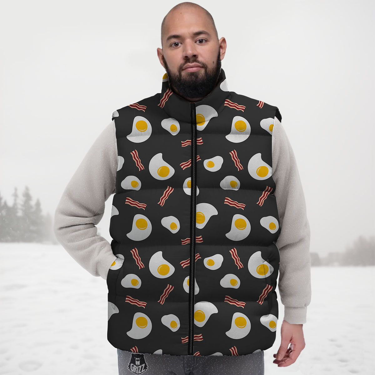 Bacon And Black Fried Egg Print Pattern Down Vest