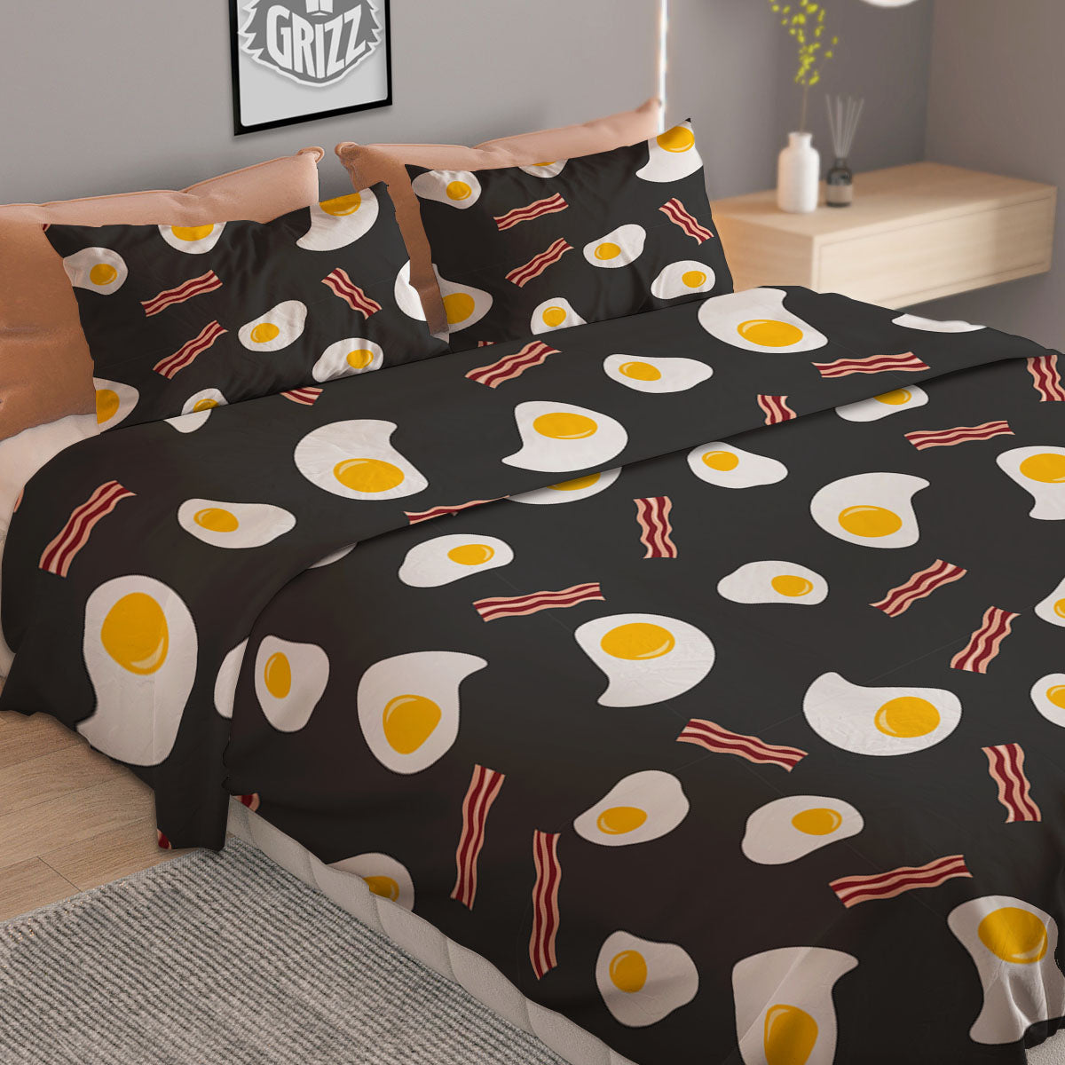Bacon And Black Fried Egg Print Pattern Duvet Cover Bedding Set