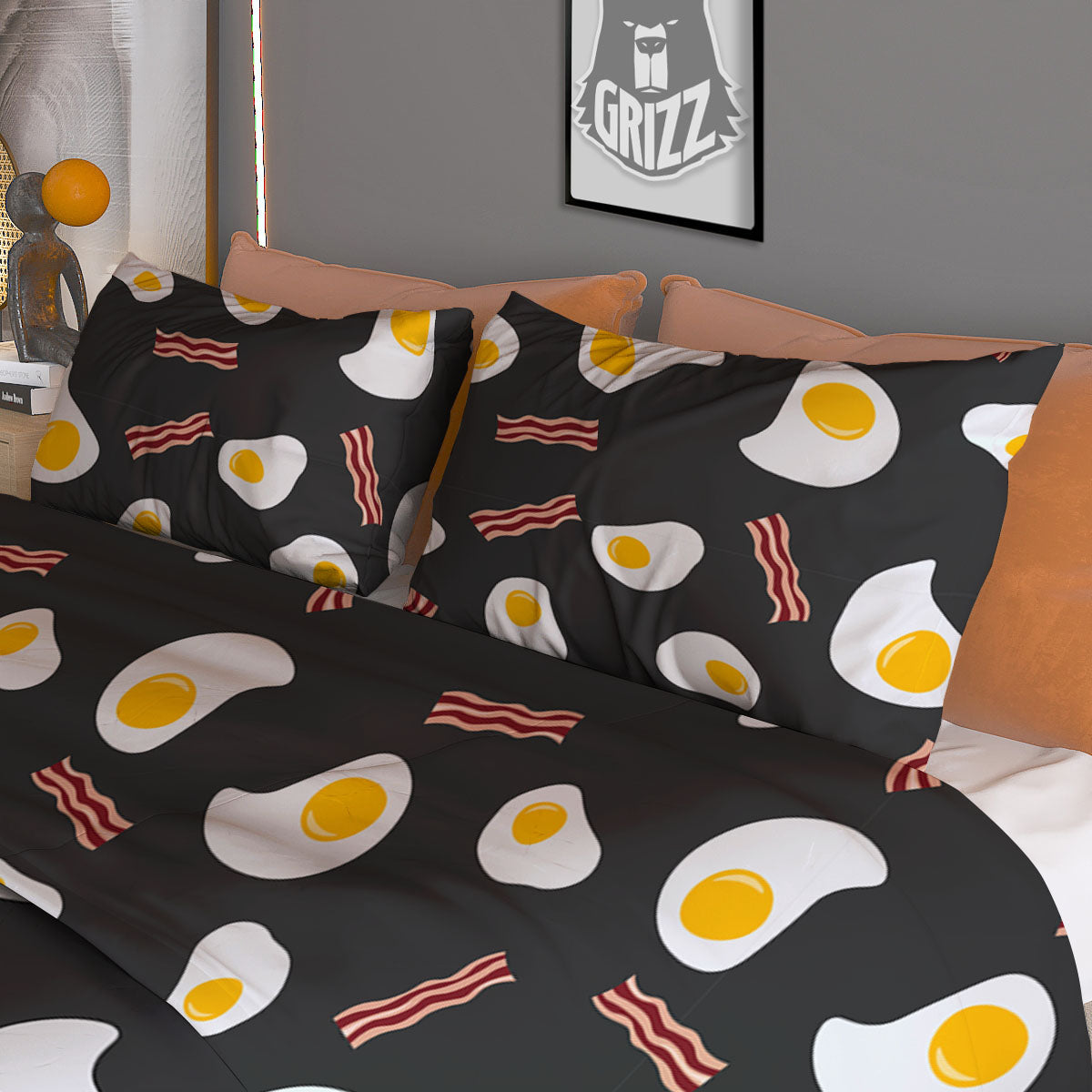 Bacon And Black Fried Egg Print Pattern Duvet Cover Bedding Set