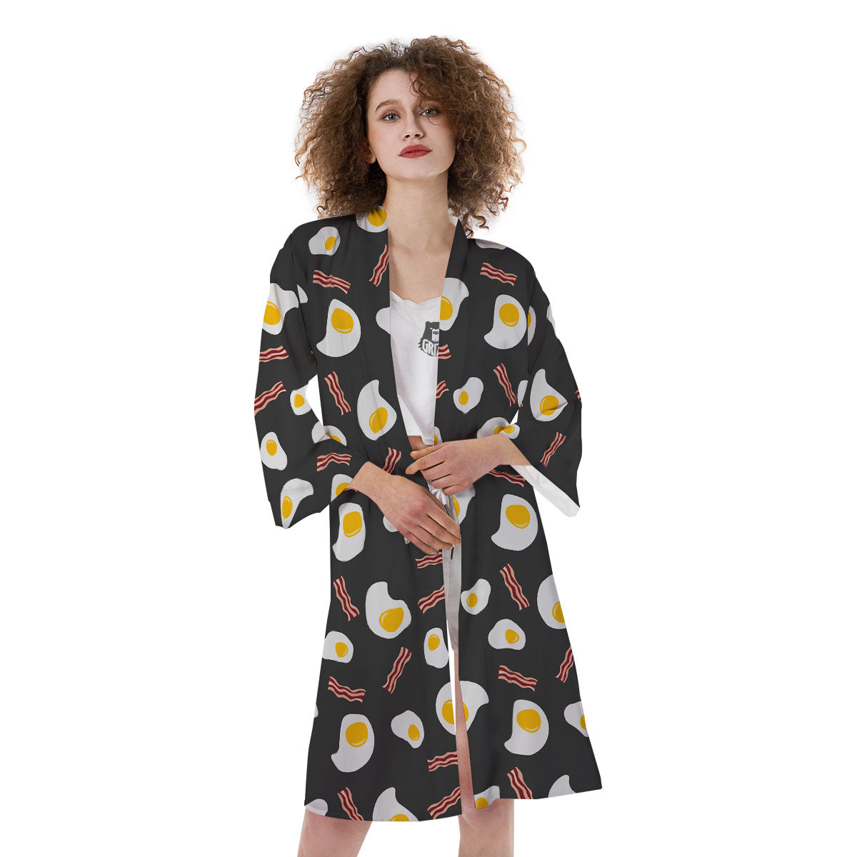 Bacon And Black Fried Egg Print Pattern Kimono-grizzshop