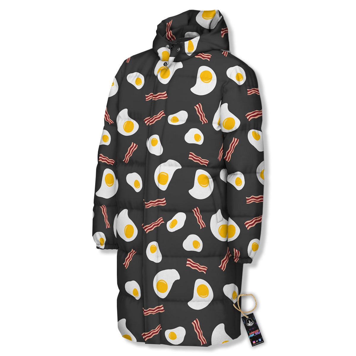 Bacon And Black Fried Egg Print Pattern Long Down Jacket-grizzshop