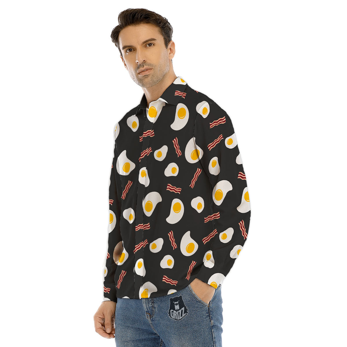 Bacon And Black Fried Egg Print Pattern Men's Dress Shirts-grizzshop