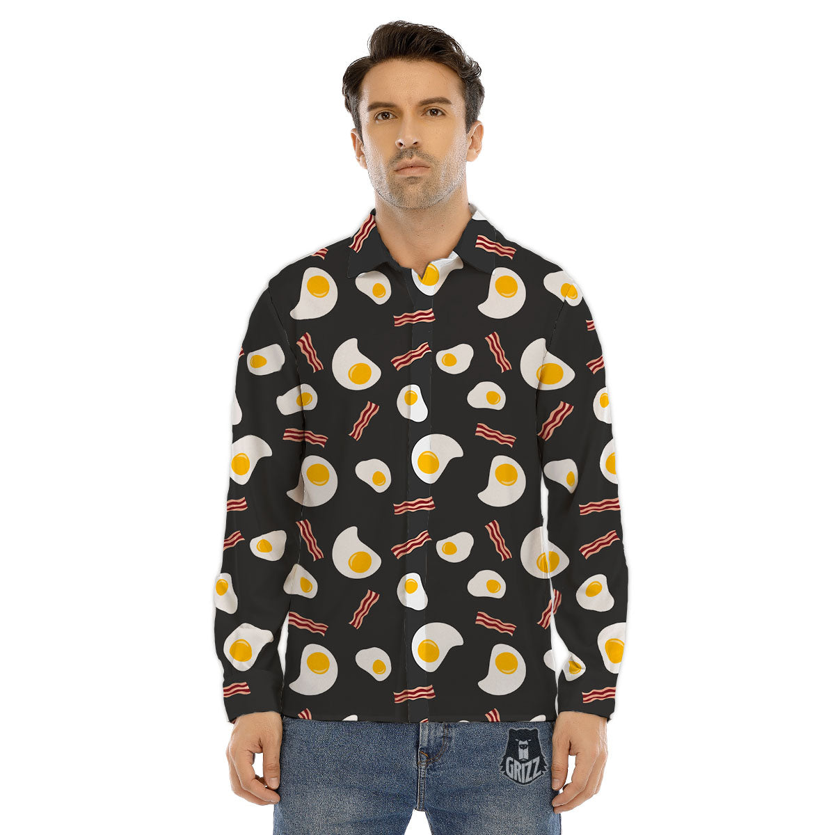 Bacon And Black Fried Egg Print Pattern Men's Dress Shirts-grizzshop