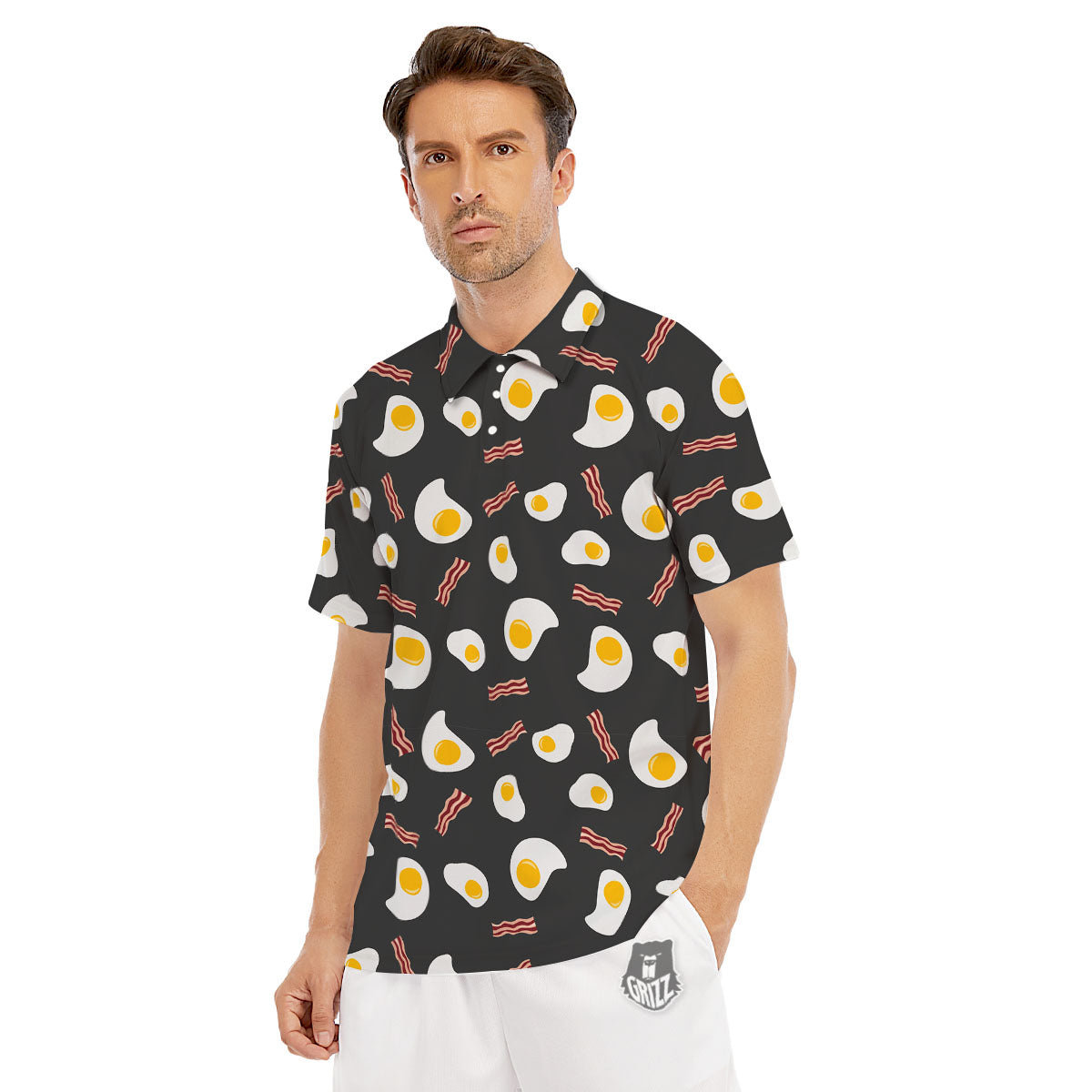 Bacon And Black Fried Egg Print Pattern Men's Golf Shirts-grizzshop