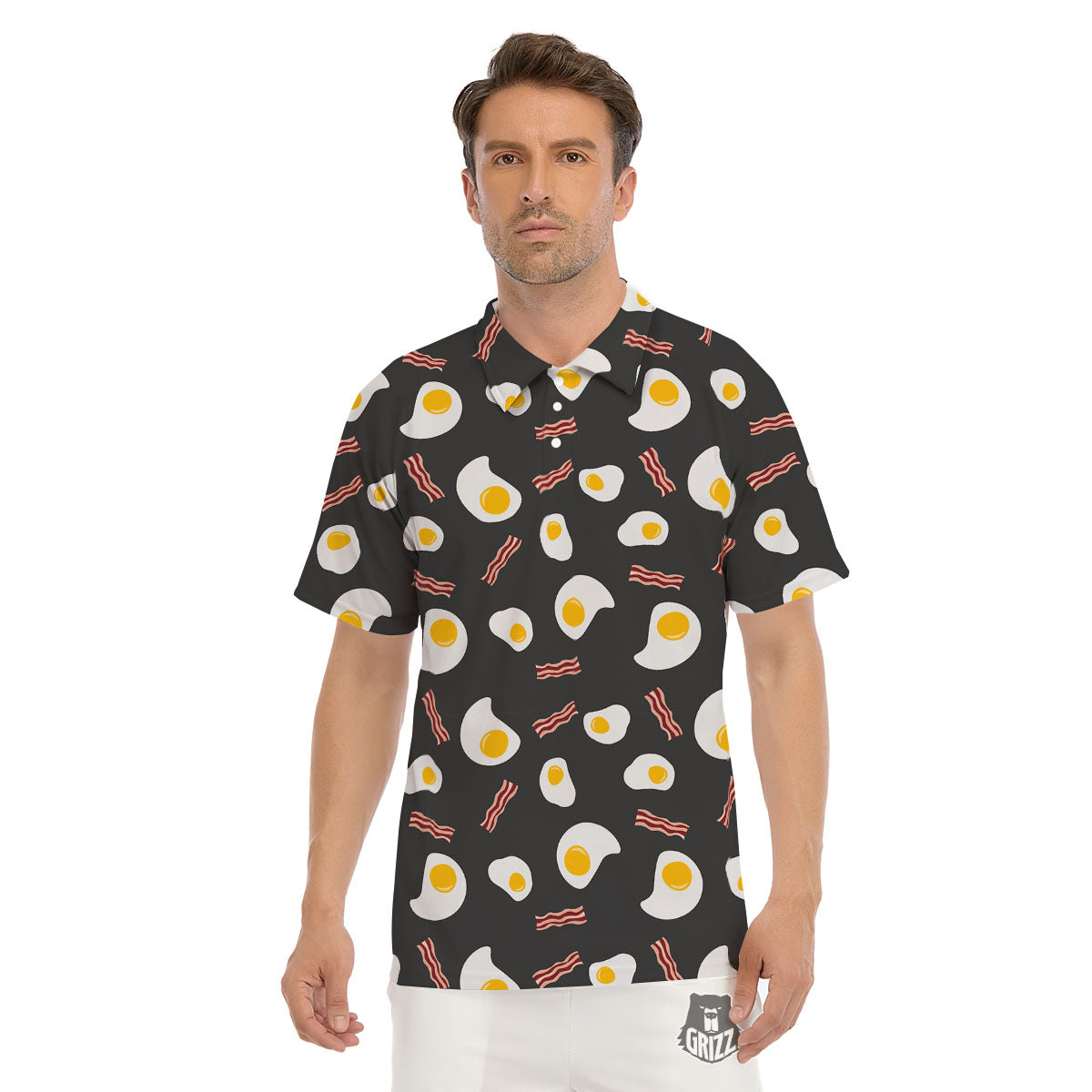 Bacon And Black Fried Egg Print Pattern Men's Golf Shirts-grizzshop