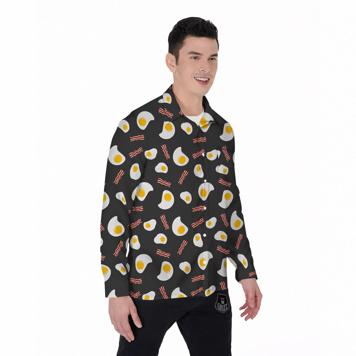 Bacon And Black Fried Egg Print Pattern Men's Long Sleeve Shirts-grizzshop