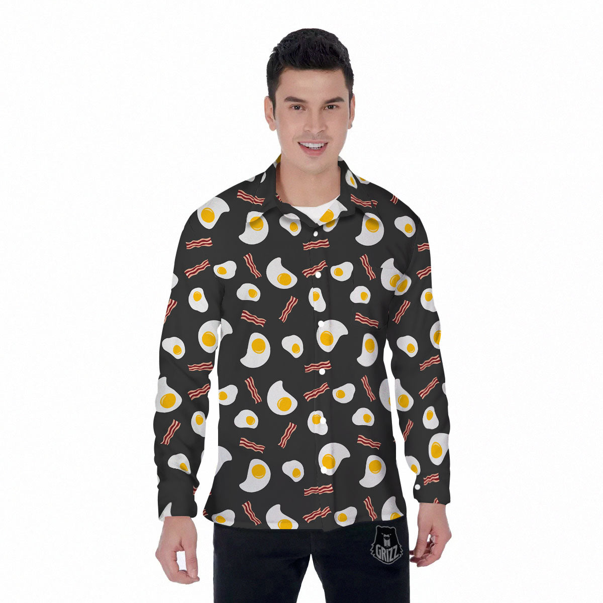 Bacon And Black Fried Egg Print Pattern Men's Long Sleeve Shirts-grizzshop