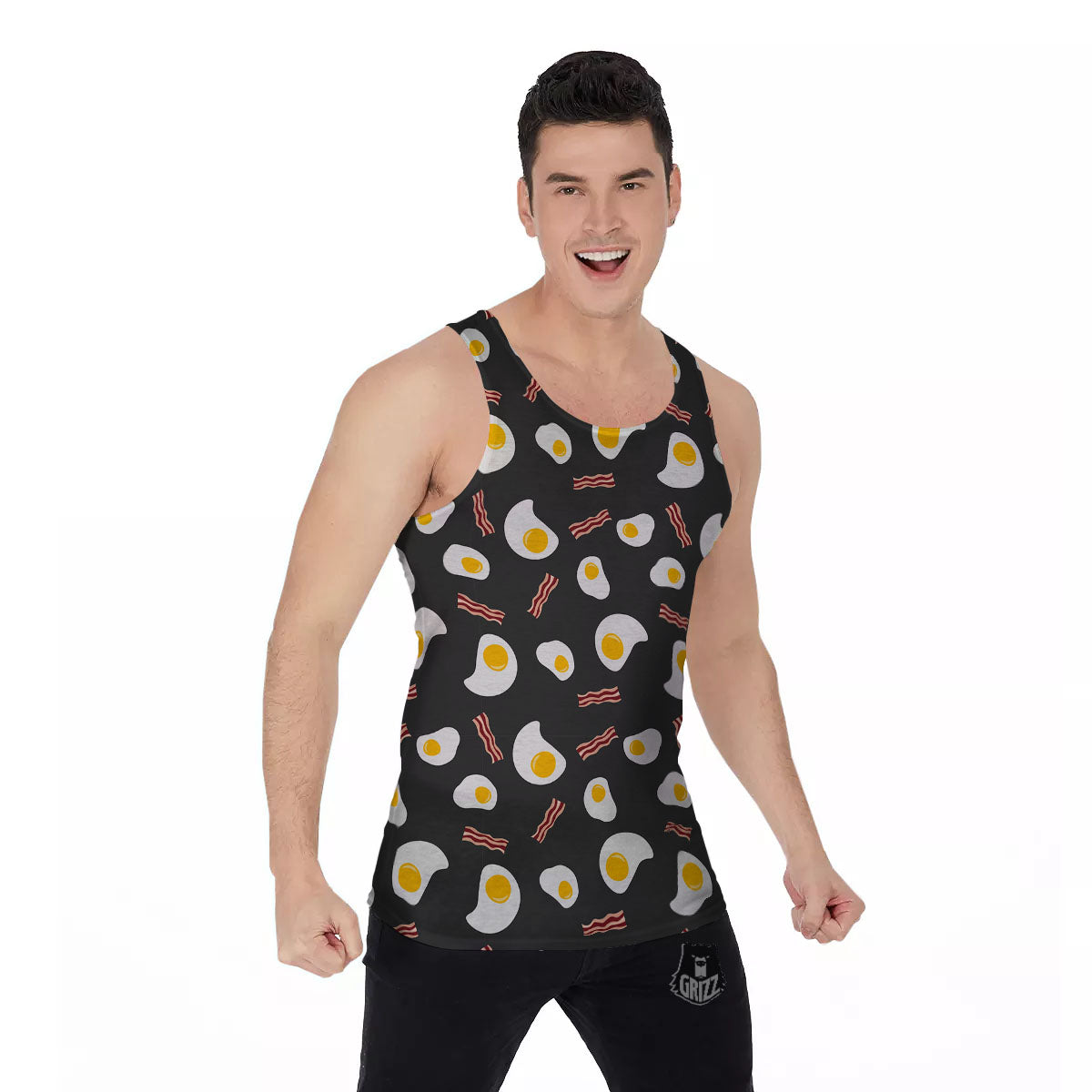 Bacon And Black Fried Egg Print Pattern Men's Tank Top-grizzshop