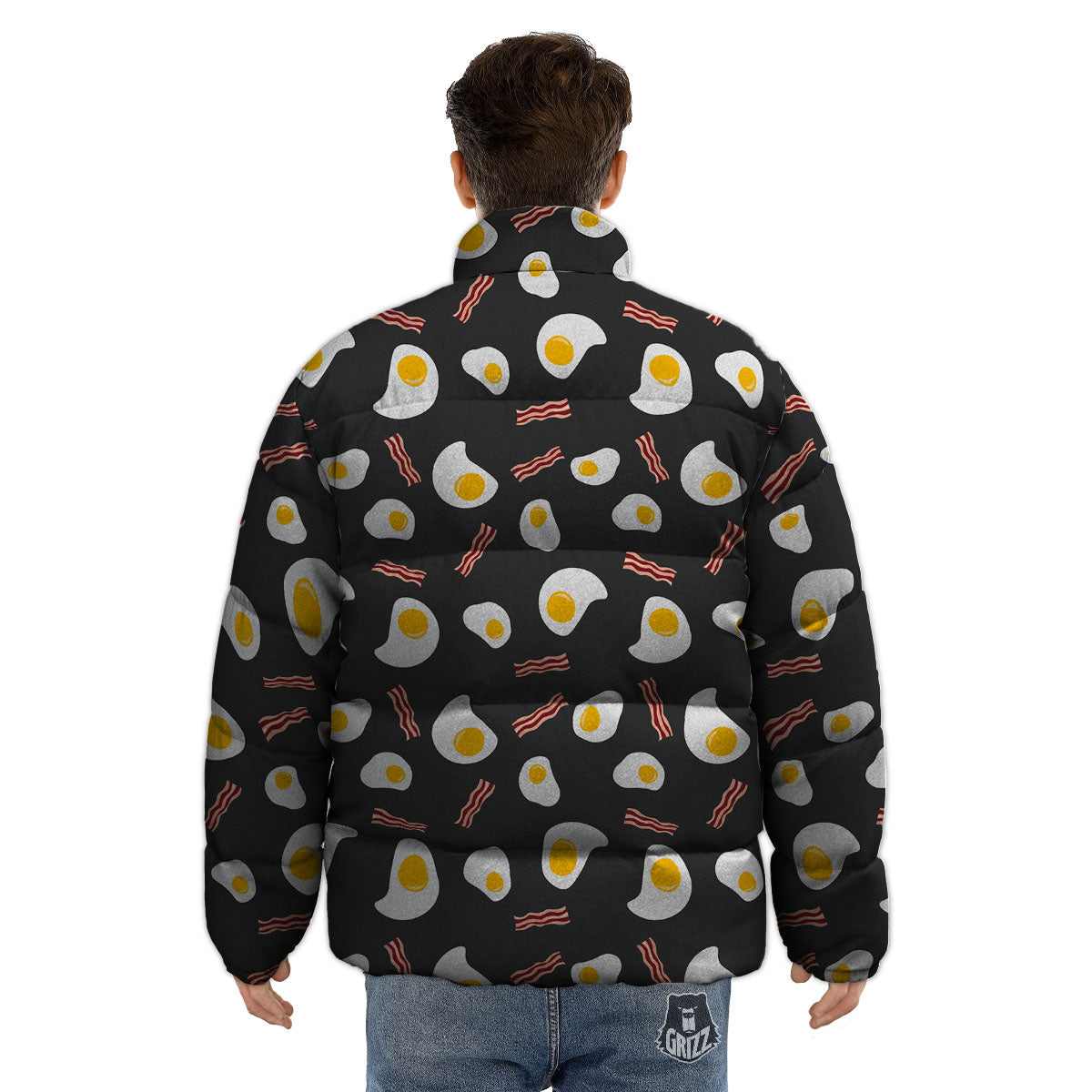 Bacon And Black Fried Egg Print Pattern Puffer Jacket-grizzshop
