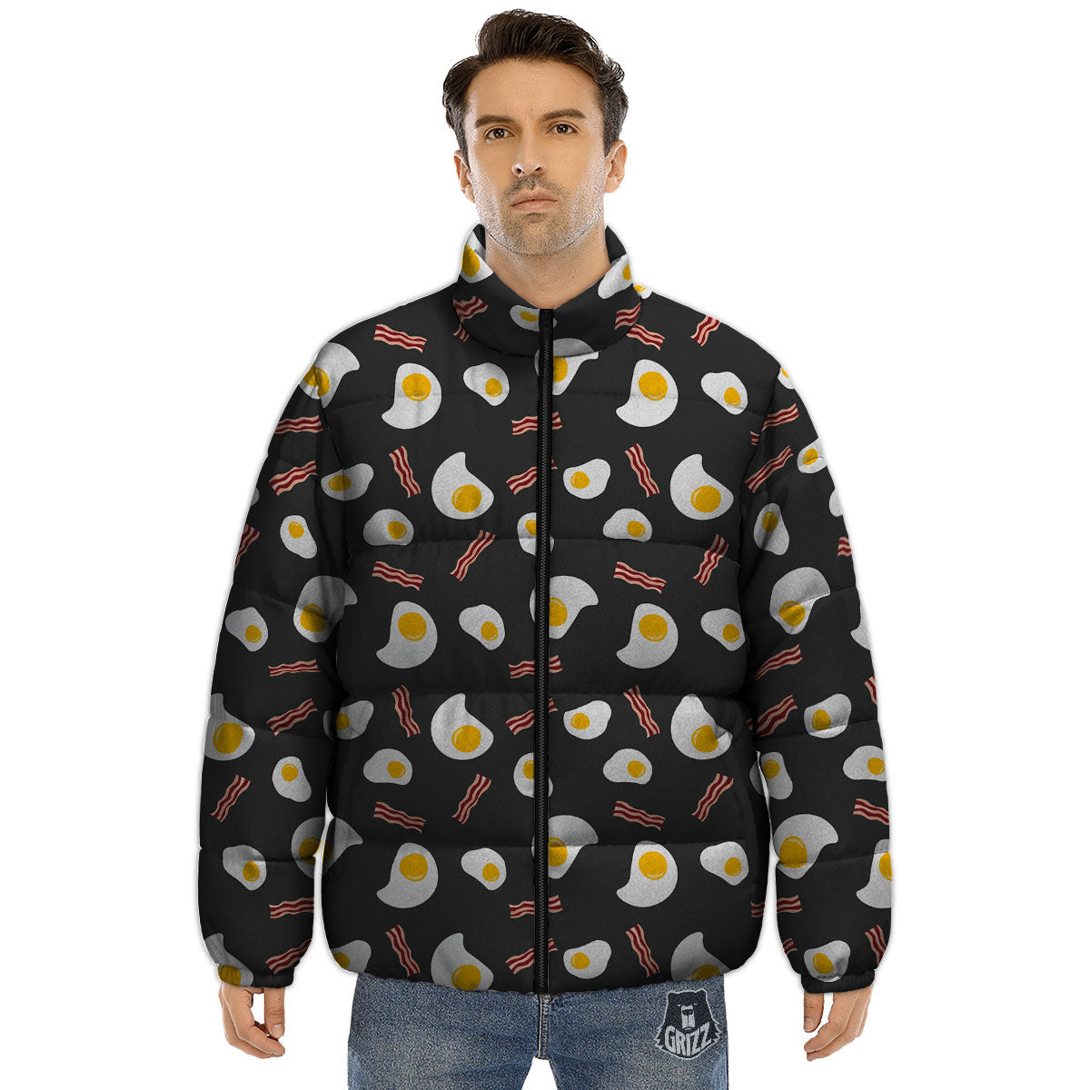 Bacon And Black Fried Egg Print Pattern Puffer Jacket-grizzshop