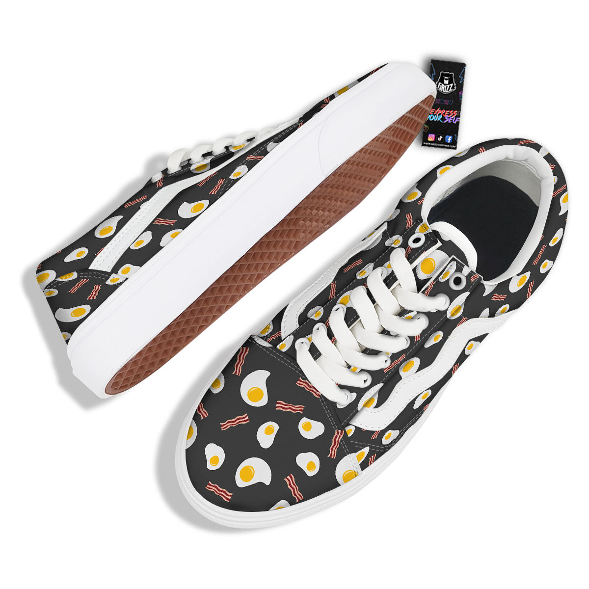 Bacon And Black Fried Egg Print Pattern Skate Shoes-grizzshop