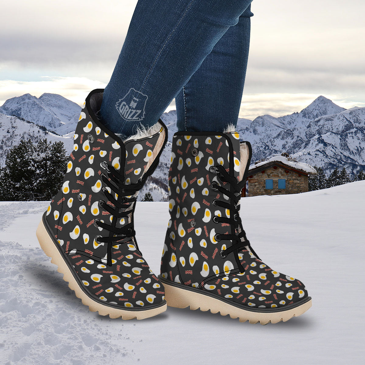 Bacon And Black Fried Egg Print Pattern Snow Boots-grizzshop