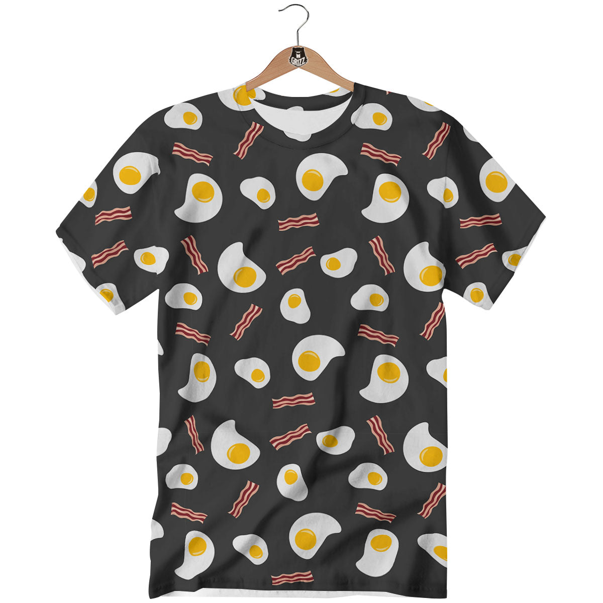 Bacon And Black Fried Egg Print Pattern T-Shirt-grizzshop