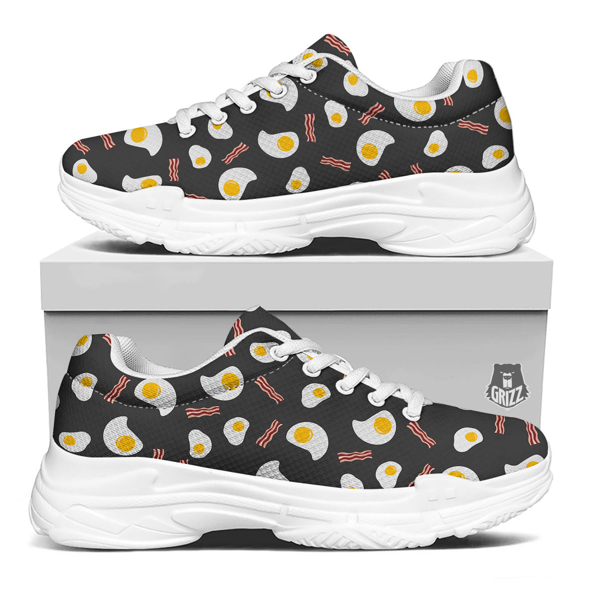 Bacon And Black Fried Egg Print Pattern White Chunky Shoes-grizzshop