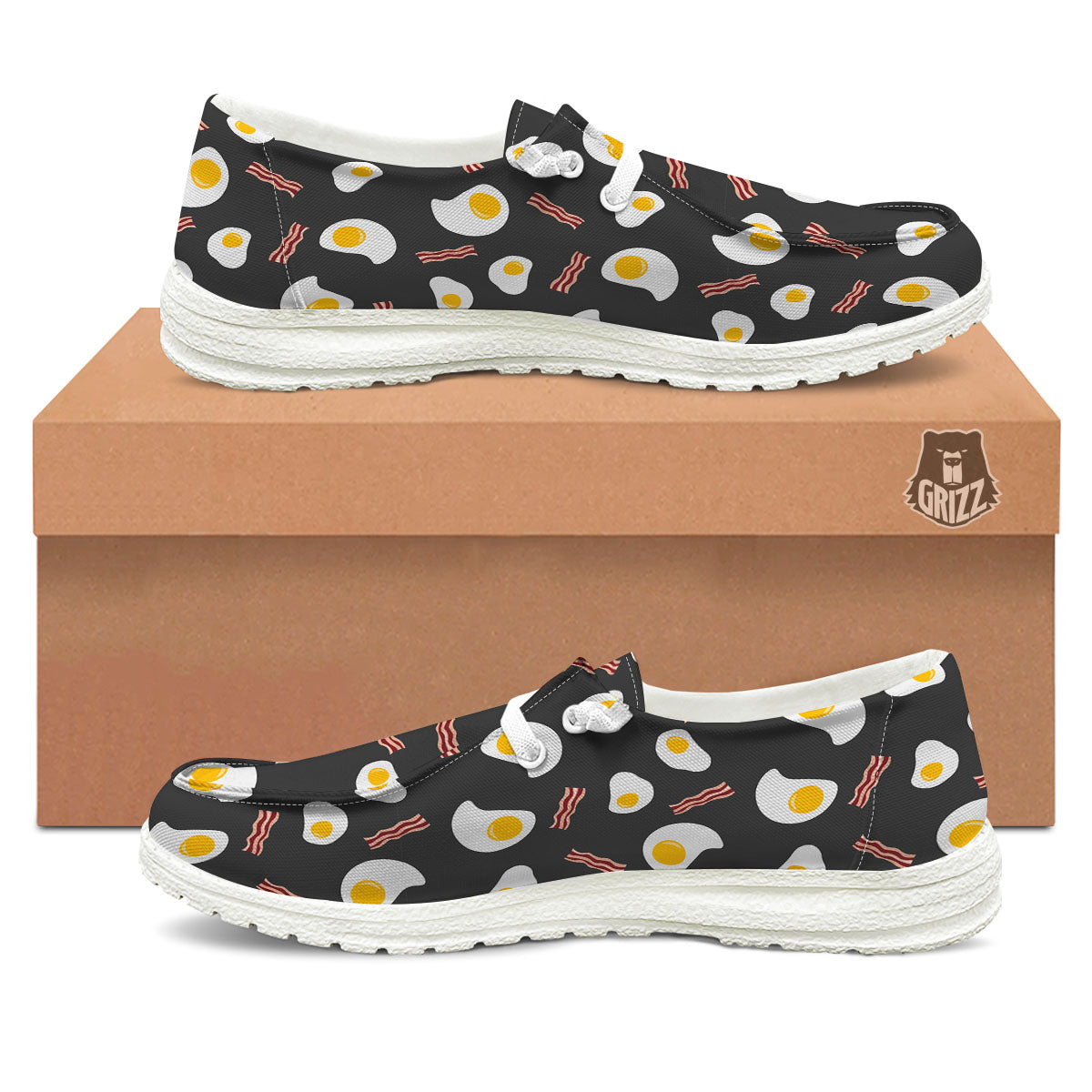 Bacon And Black Fried Egg Print Pattern White Loafers-grizzshop