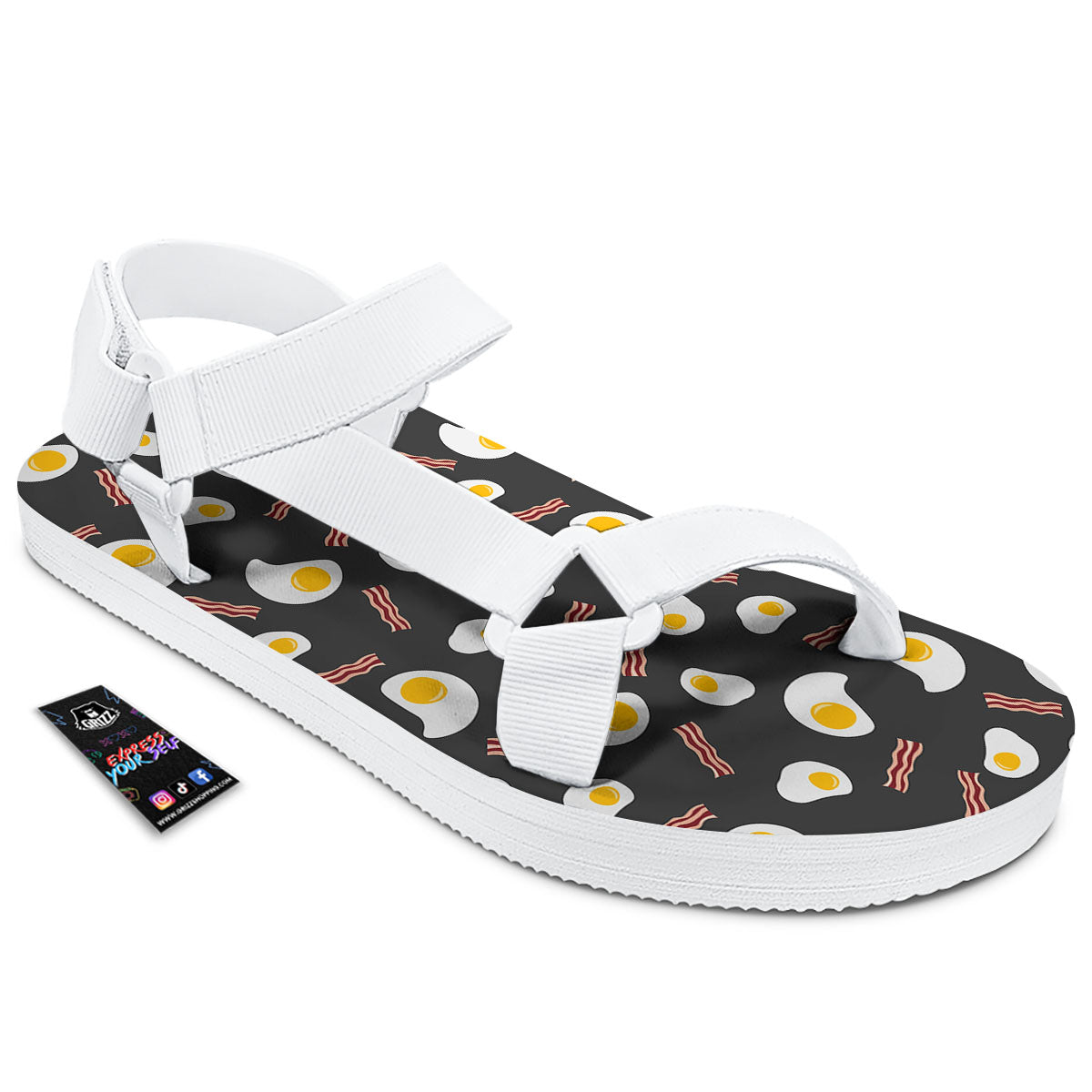 Bacon And Black Fried Egg Print Pattern White Open Toe Sandals-grizzshop