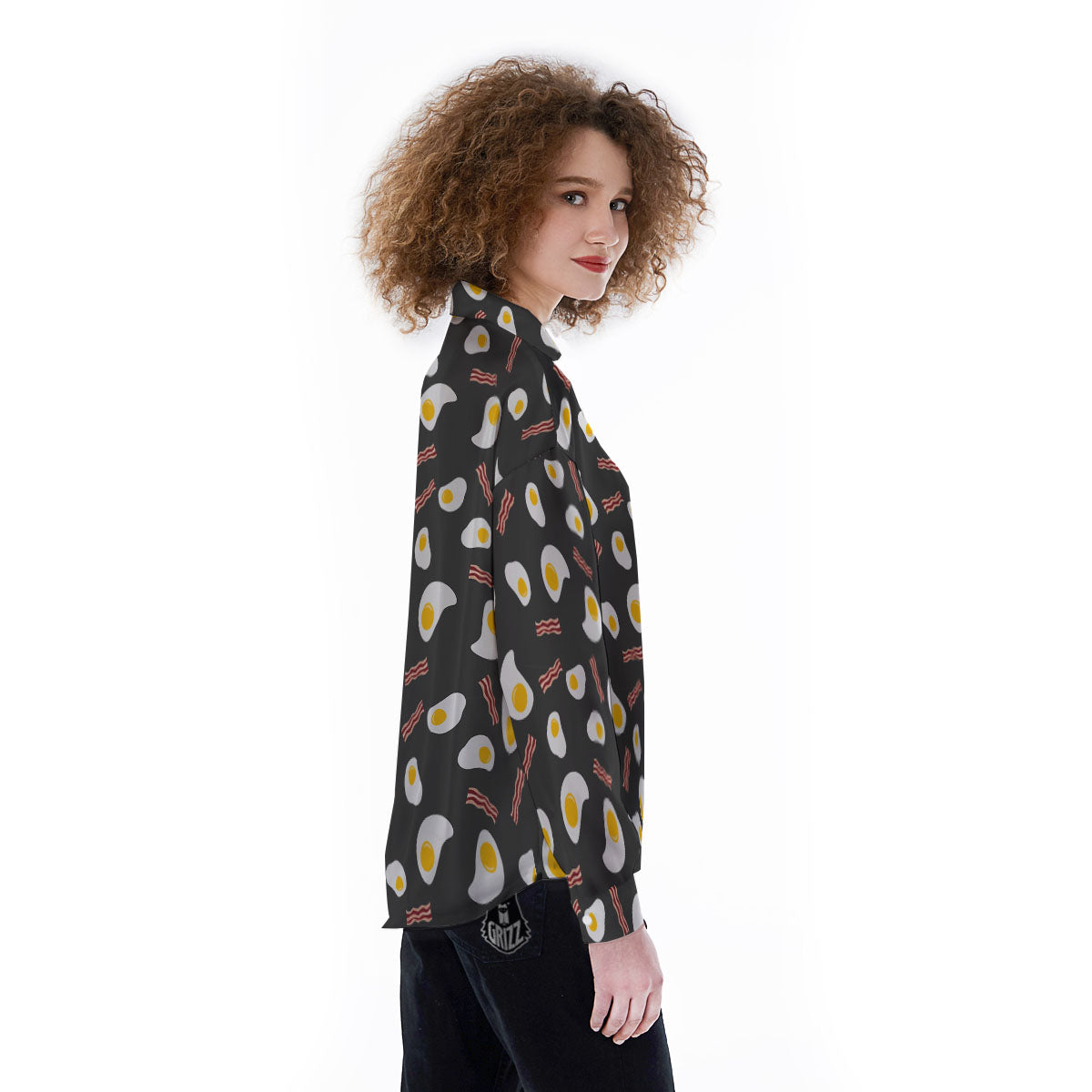 Bacon And Black Fried Egg Print Pattern Women's Long Sleeve Shirts-grizzshop