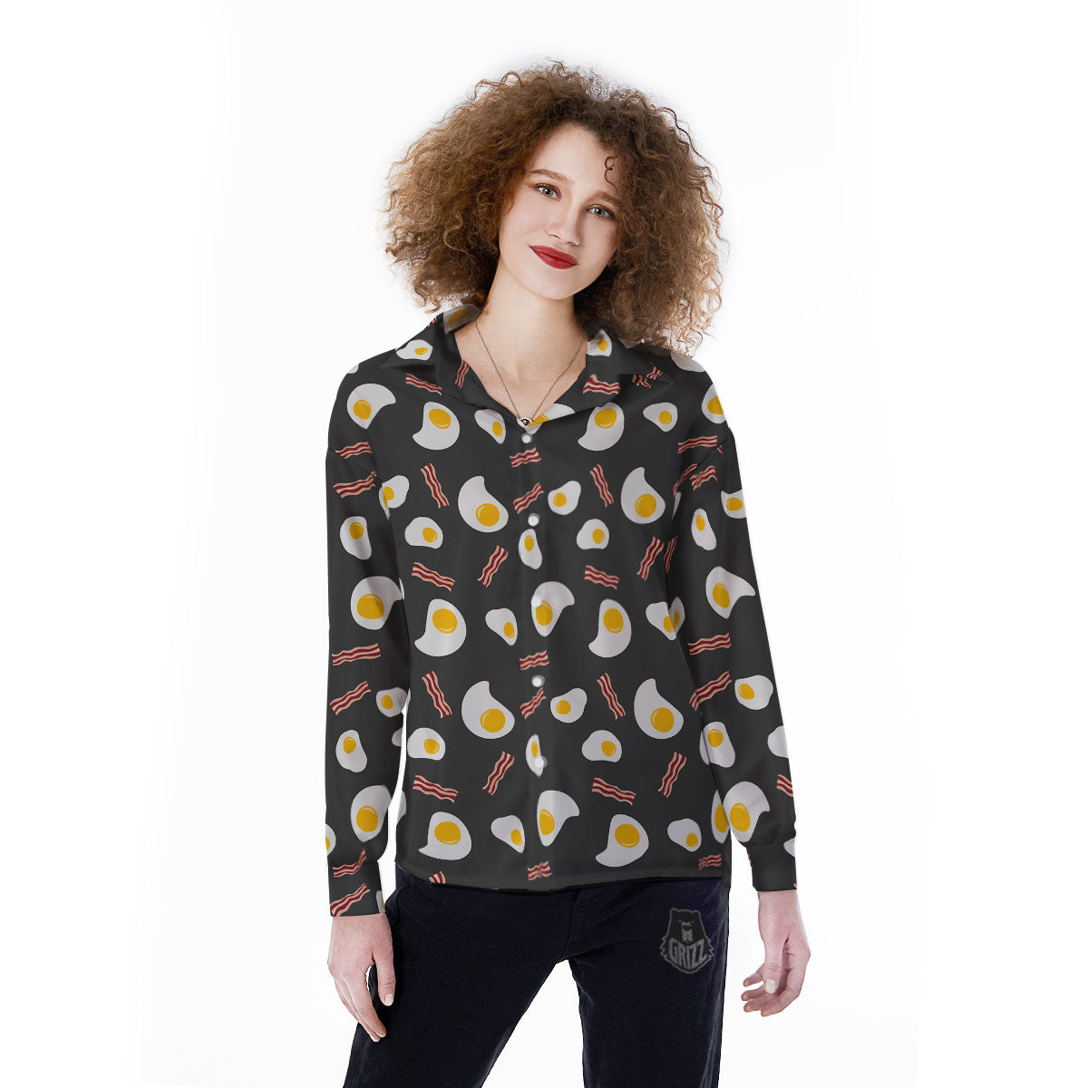 Bacon And Black Fried Egg Print Pattern Women's Long Sleeve Shirts-grizzshop