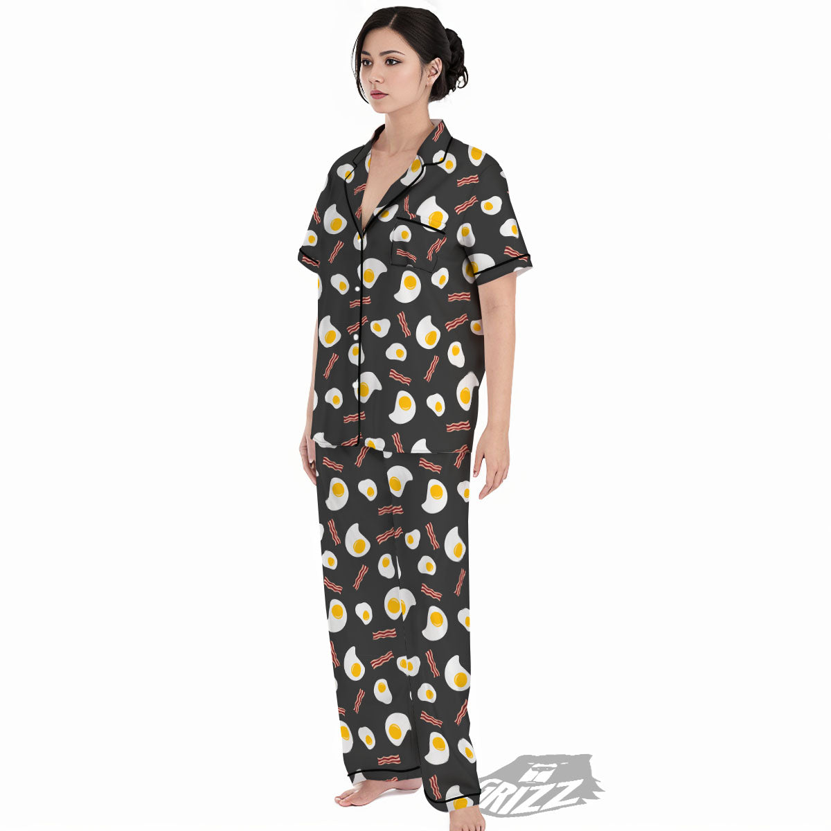 Bacon And Black Fried Egg Print Pattern Women's Pajamas Set-grizzshop