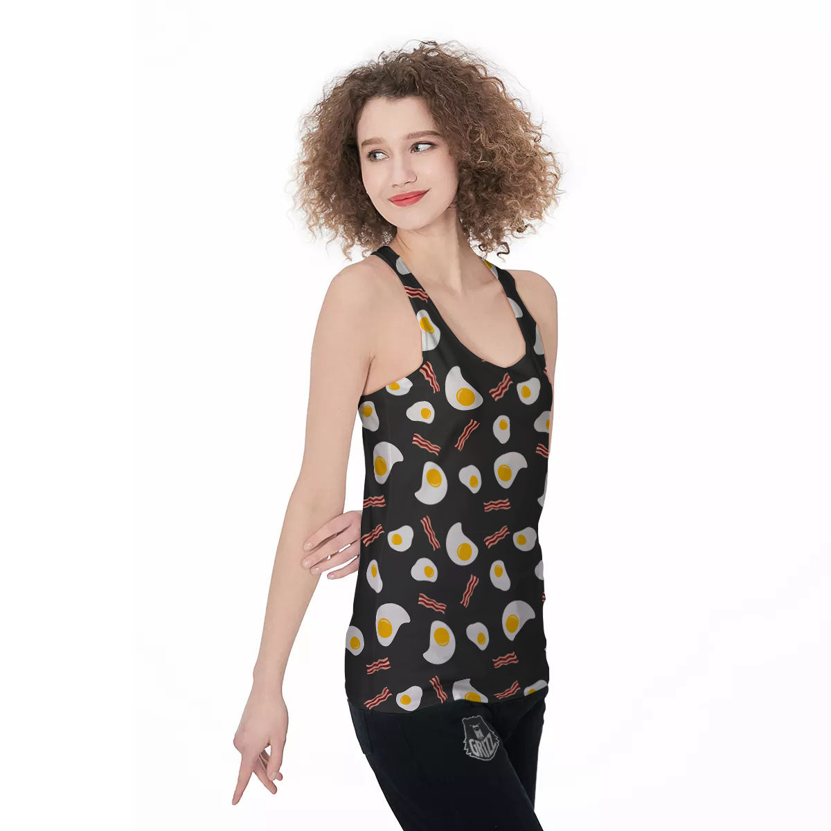 Bacon And Black Fried Egg Print Pattern Women's Racerback Tank Top-grizzshop