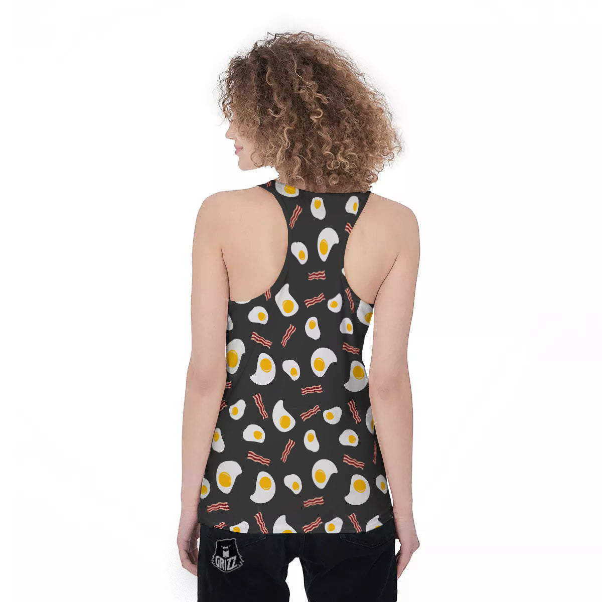 Bacon And Black Fried Egg Print Pattern Women's Racerback Tank Top-grizzshop