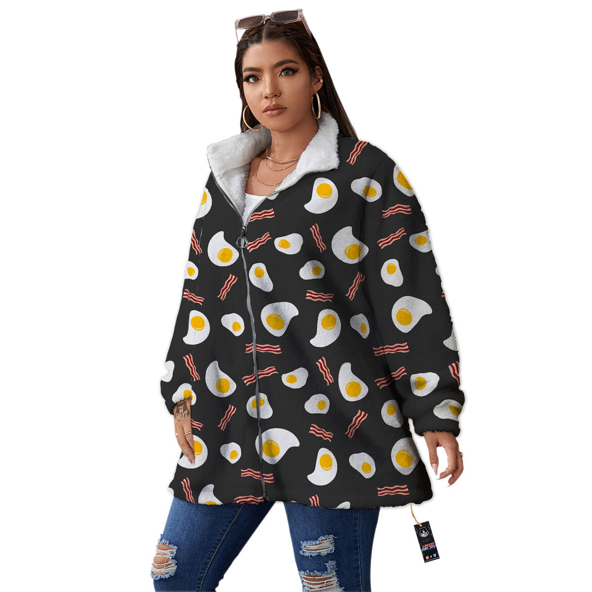 Bacon And Black Fried Egg Print Pattern Women's Sherpa Jacket-grizzshop