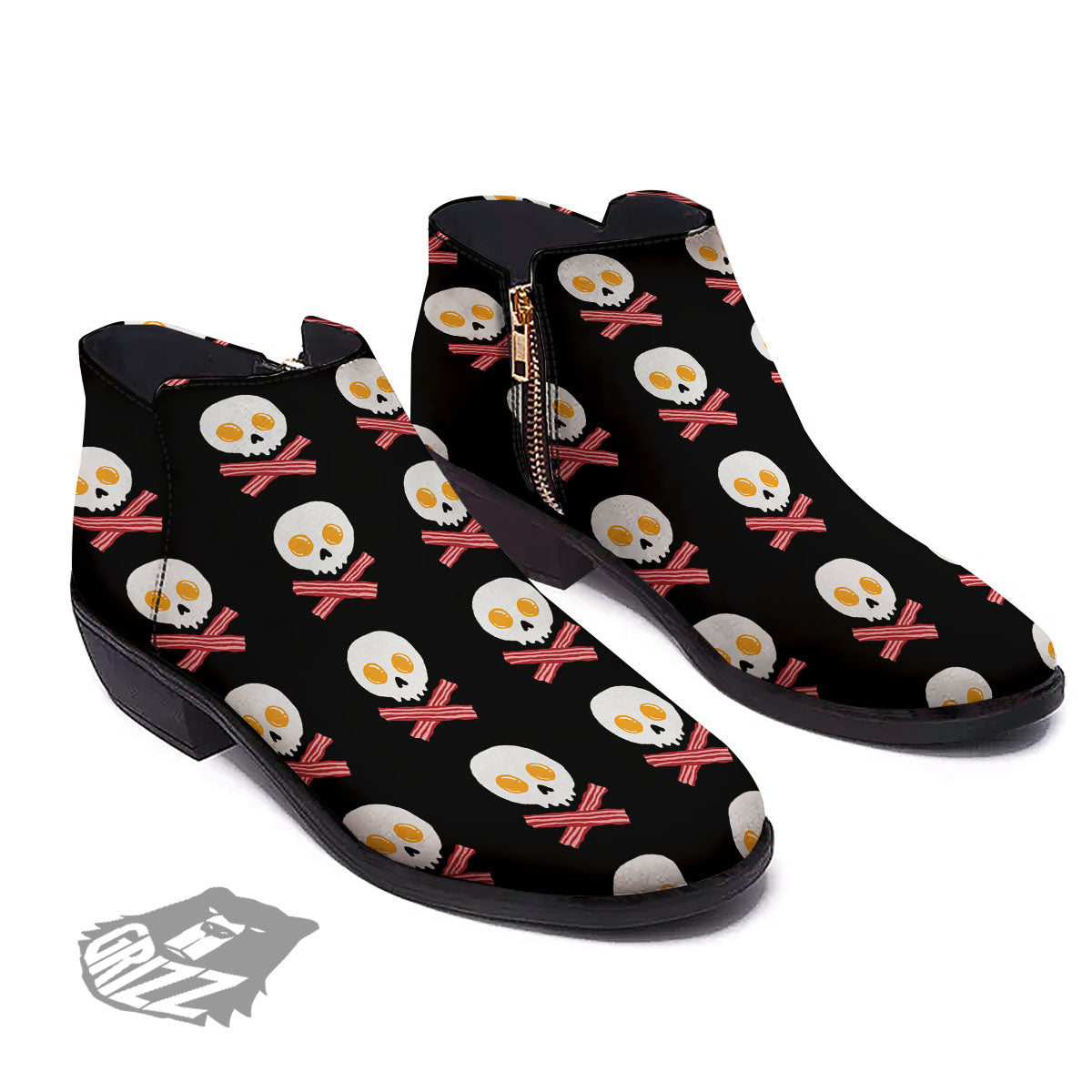 Bacon And Skull Fried Egg Print Pattern Ankle Boots-grizzshop