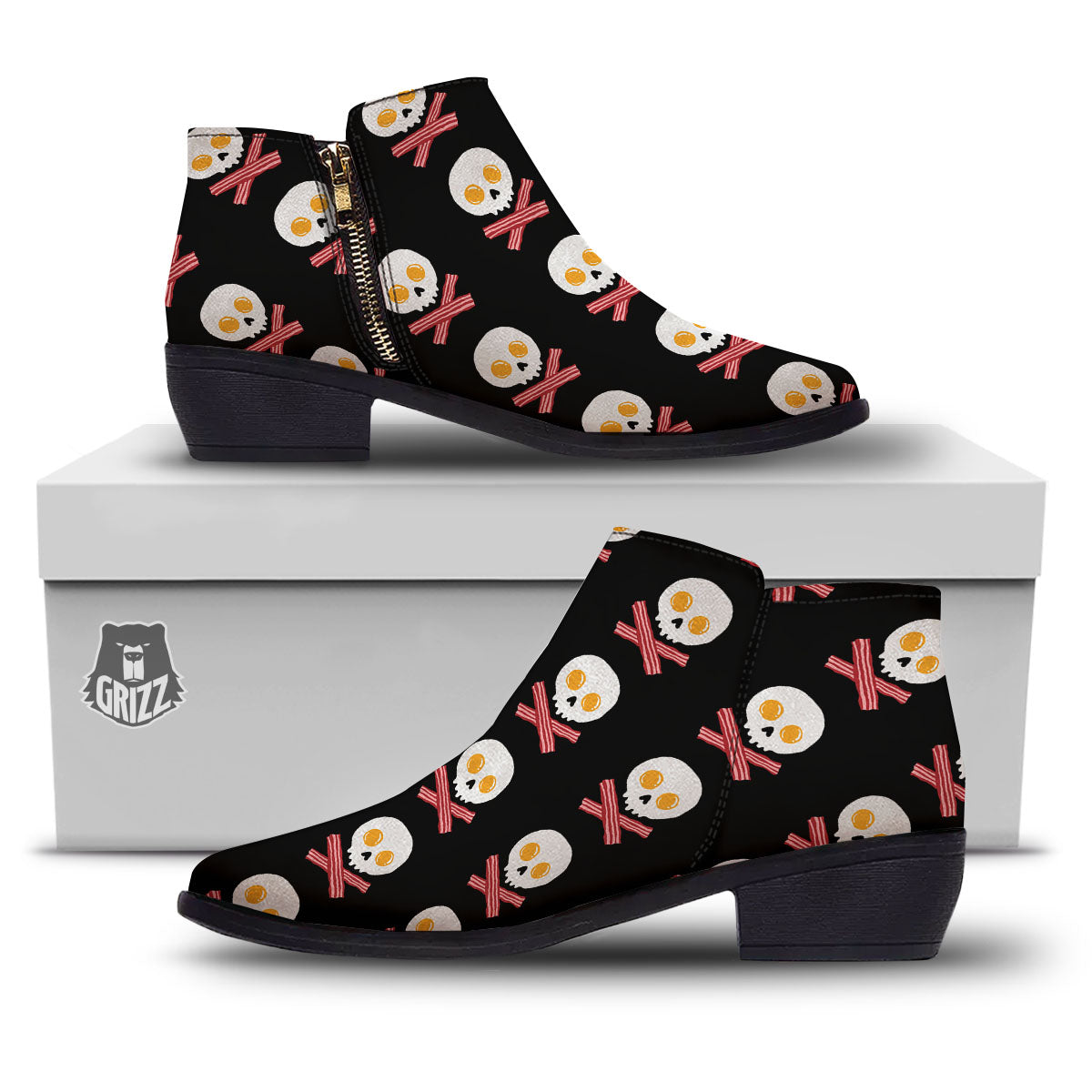 Bacon And Skull Fried Egg Print Pattern Ankle Boots-grizzshop
