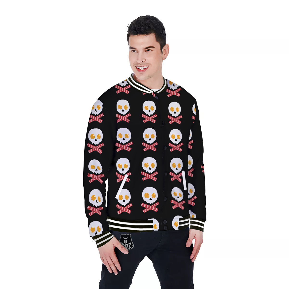 Bacon And Skull Fried Egg Print Pattern Baseball Jacket-grizzshop