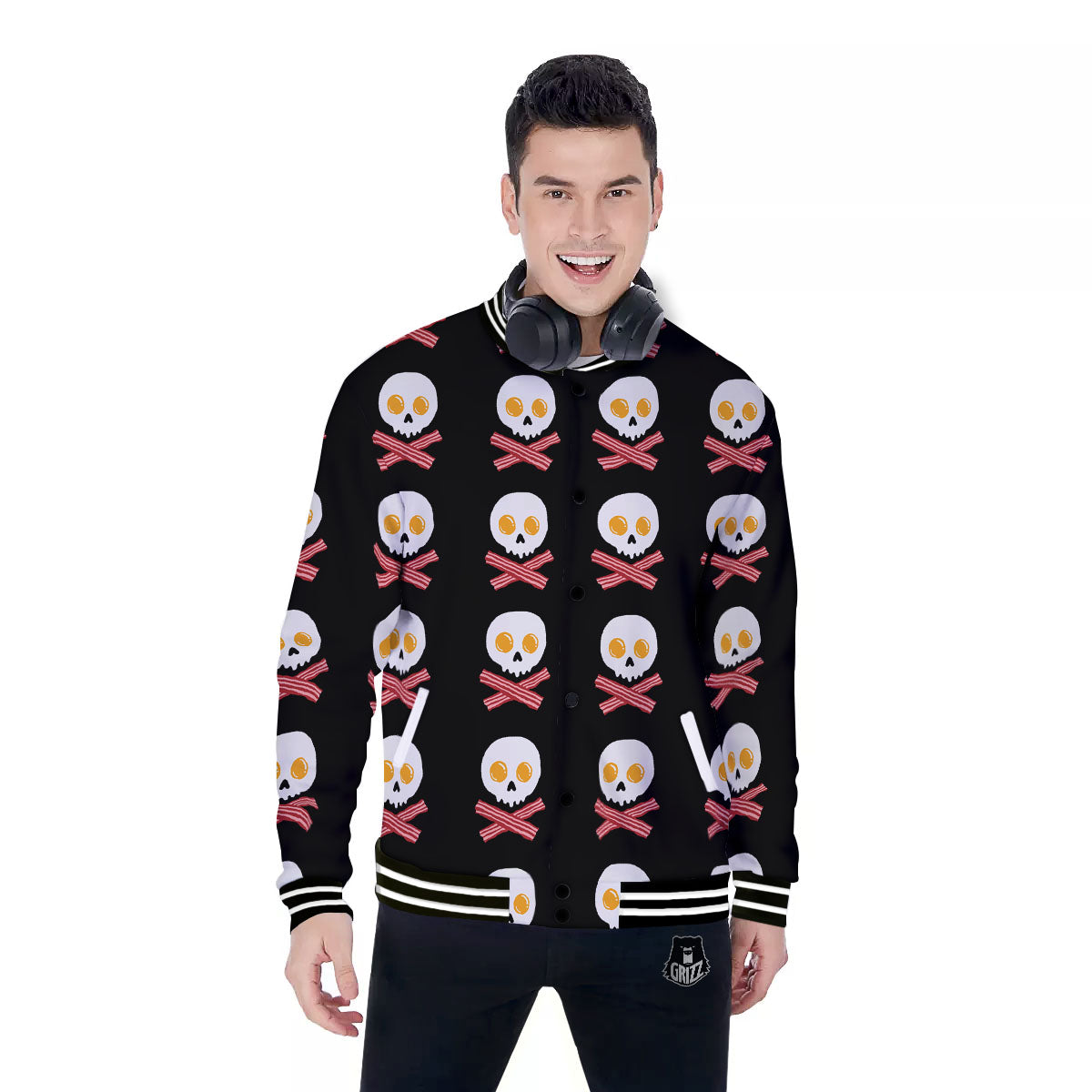 Bacon And Skull Fried Egg Print Pattern Baseball Jacket-grizzshop