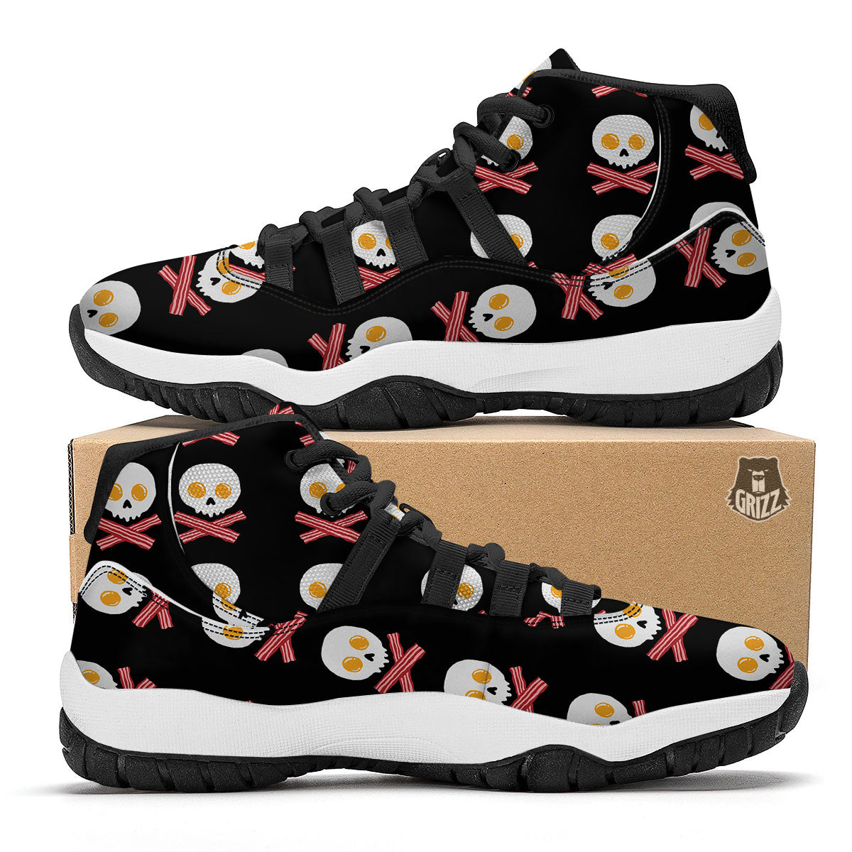 Bacon And Skull Fried Egg Print Pattern Black Bball Shoes-grizzshop