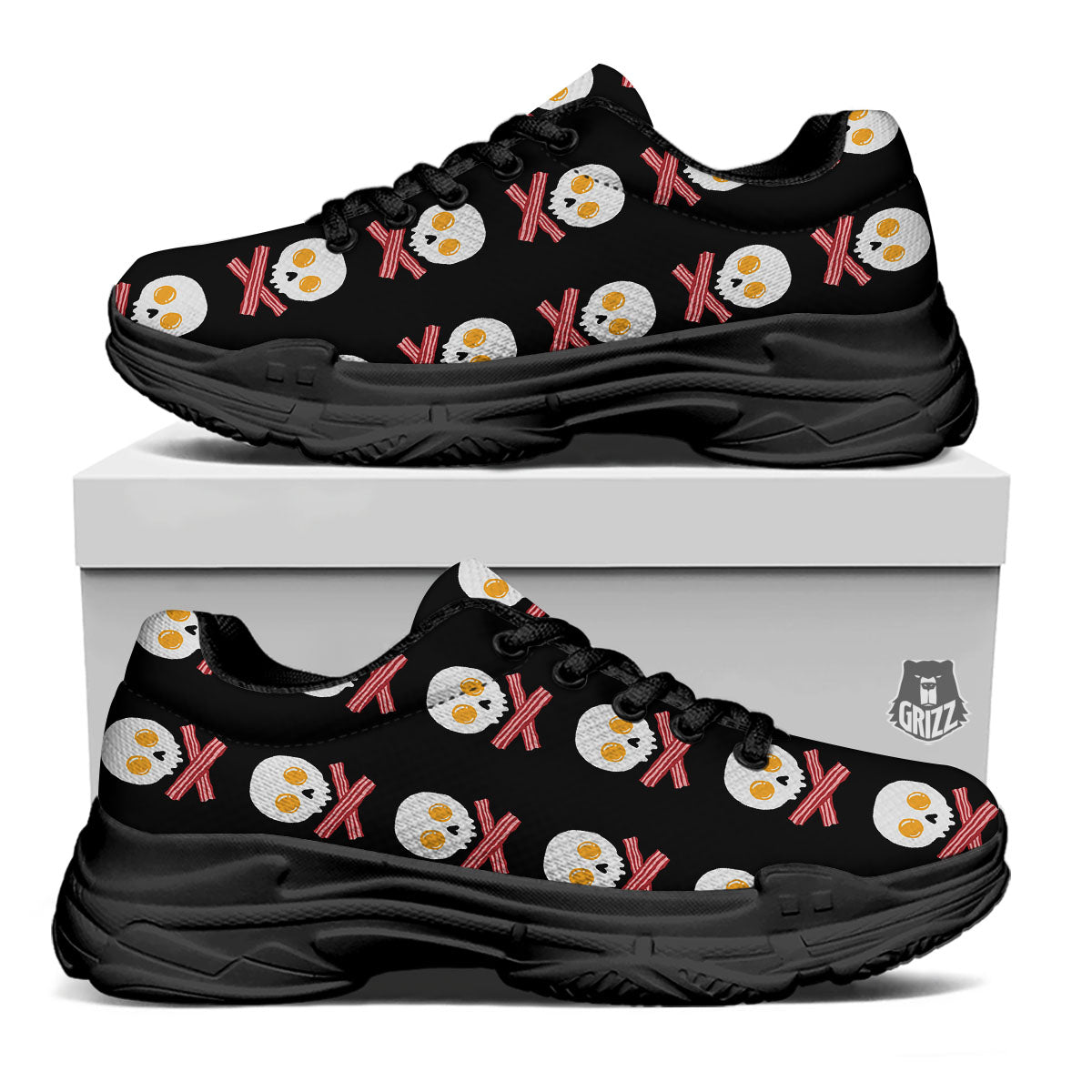 Bacon And Skull Fried Egg Print Pattern Black Chunky Shoes-grizzshop