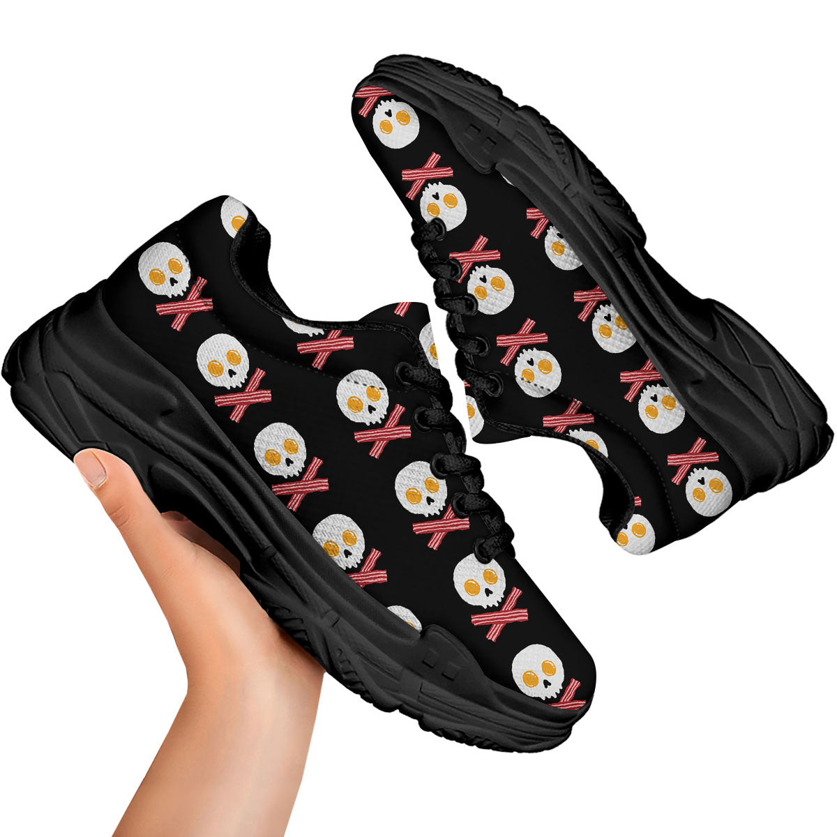 Bacon And Skull Fried Egg Print Pattern Black Chunky Shoes-grizzshop