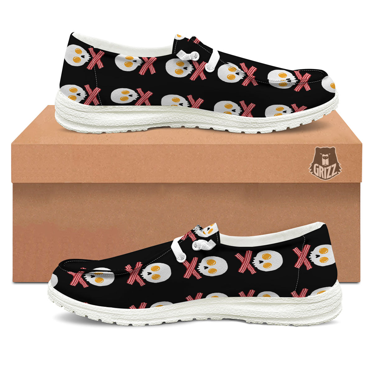 Bacon And Skull Fried Egg Print Pattern Black Loafers-grizzshop