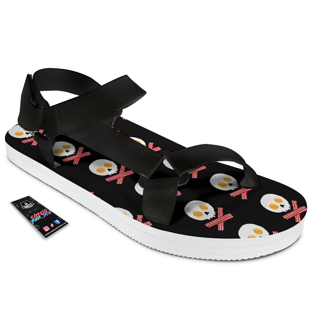 Bacon And Skull Fried Egg Print Pattern Black Open Toe Sandals-grizzshop