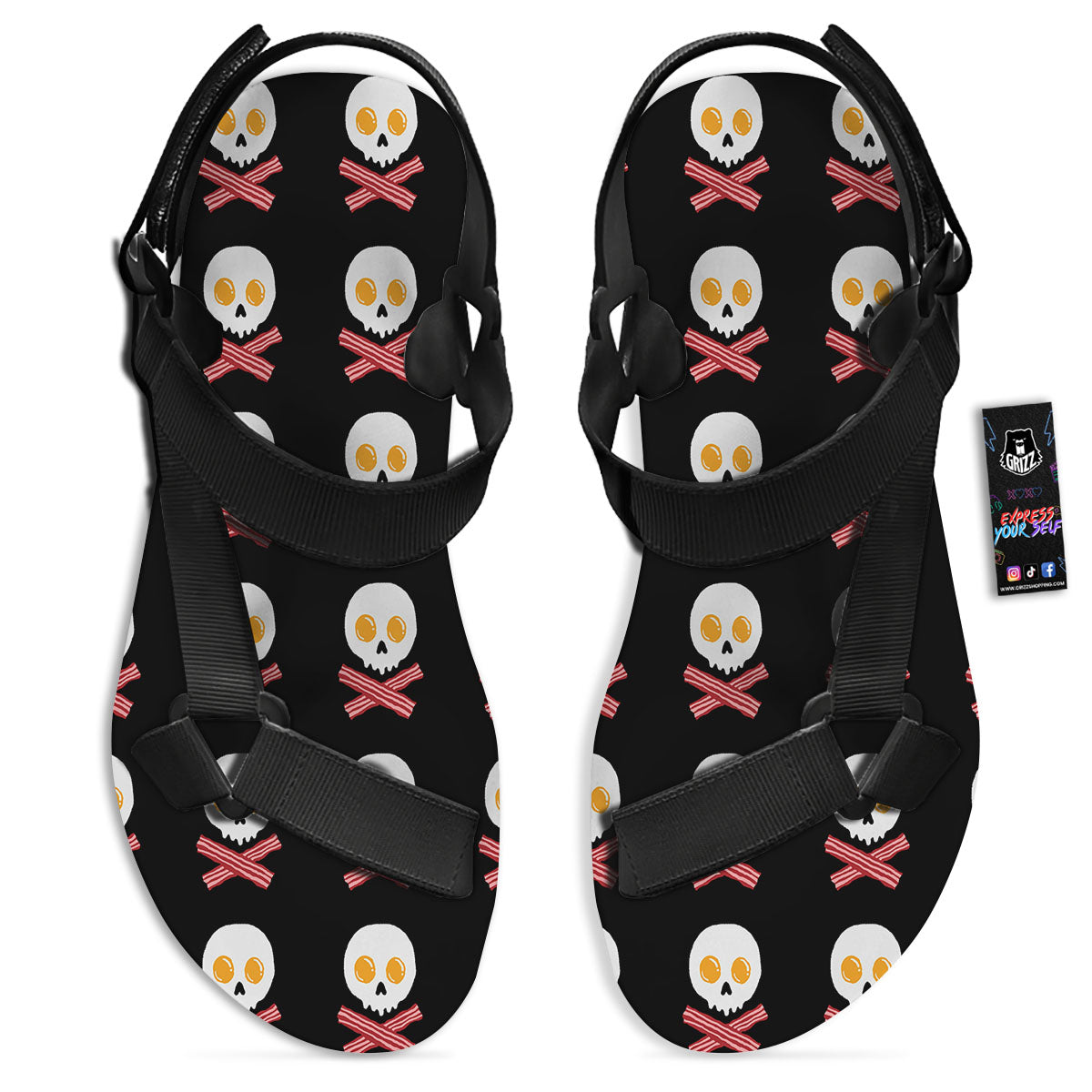 Bacon And Skull Fried Egg Print Pattern Black Open Toe Sandals-grizzshop