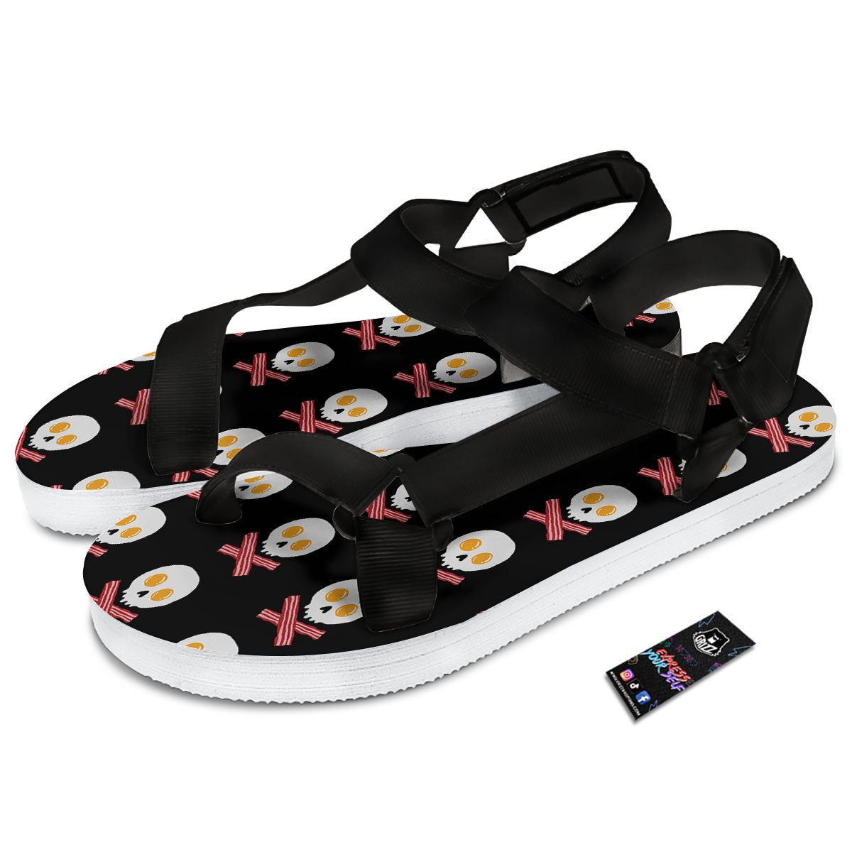 Bacon And Skull Fried Egg Print Pattern Black Open Toe Sandals-grizzshop