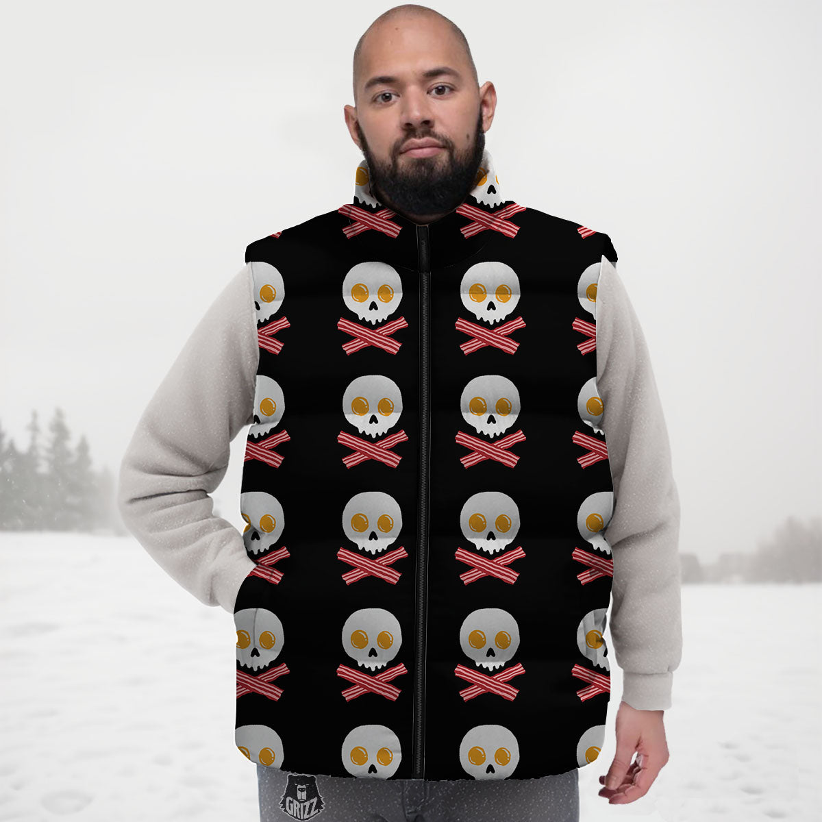 Bacon And Skull Fried Egg Print Pattern Down Vest